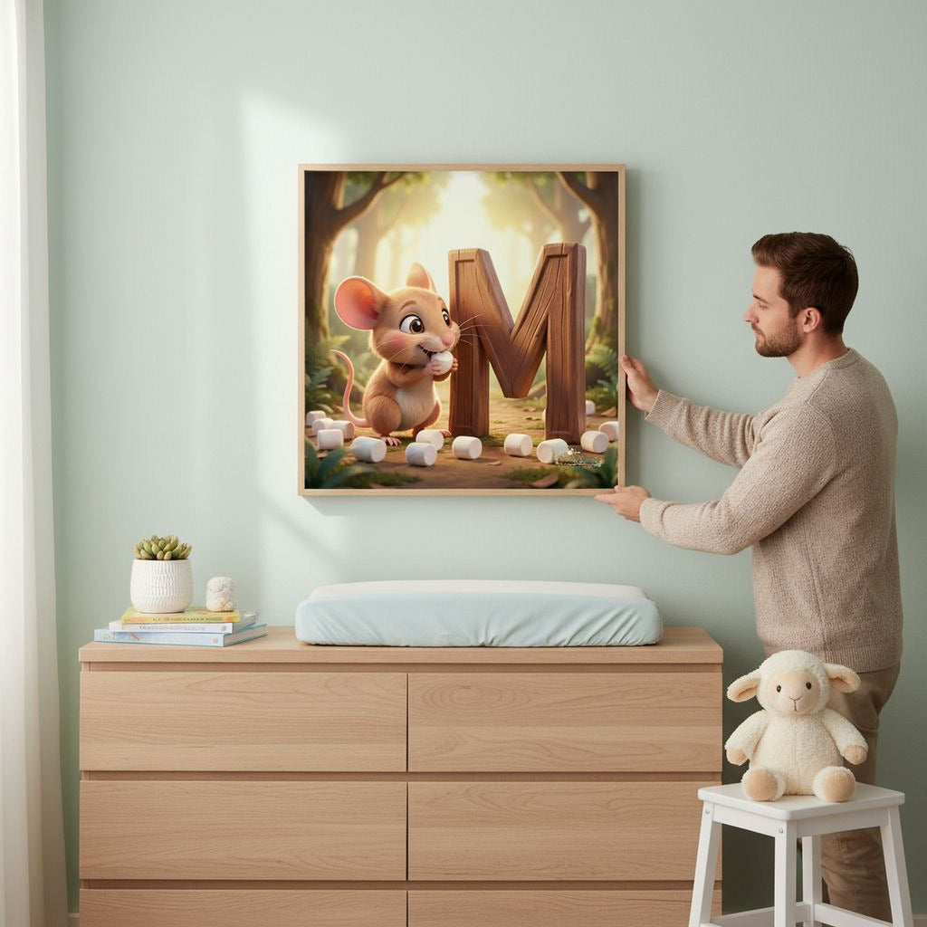 A man is hanging a framed artwork featuring a cartoon mouse and the letter 'M' on a wall in a room with a wooden dresser and a small stuffed animal.