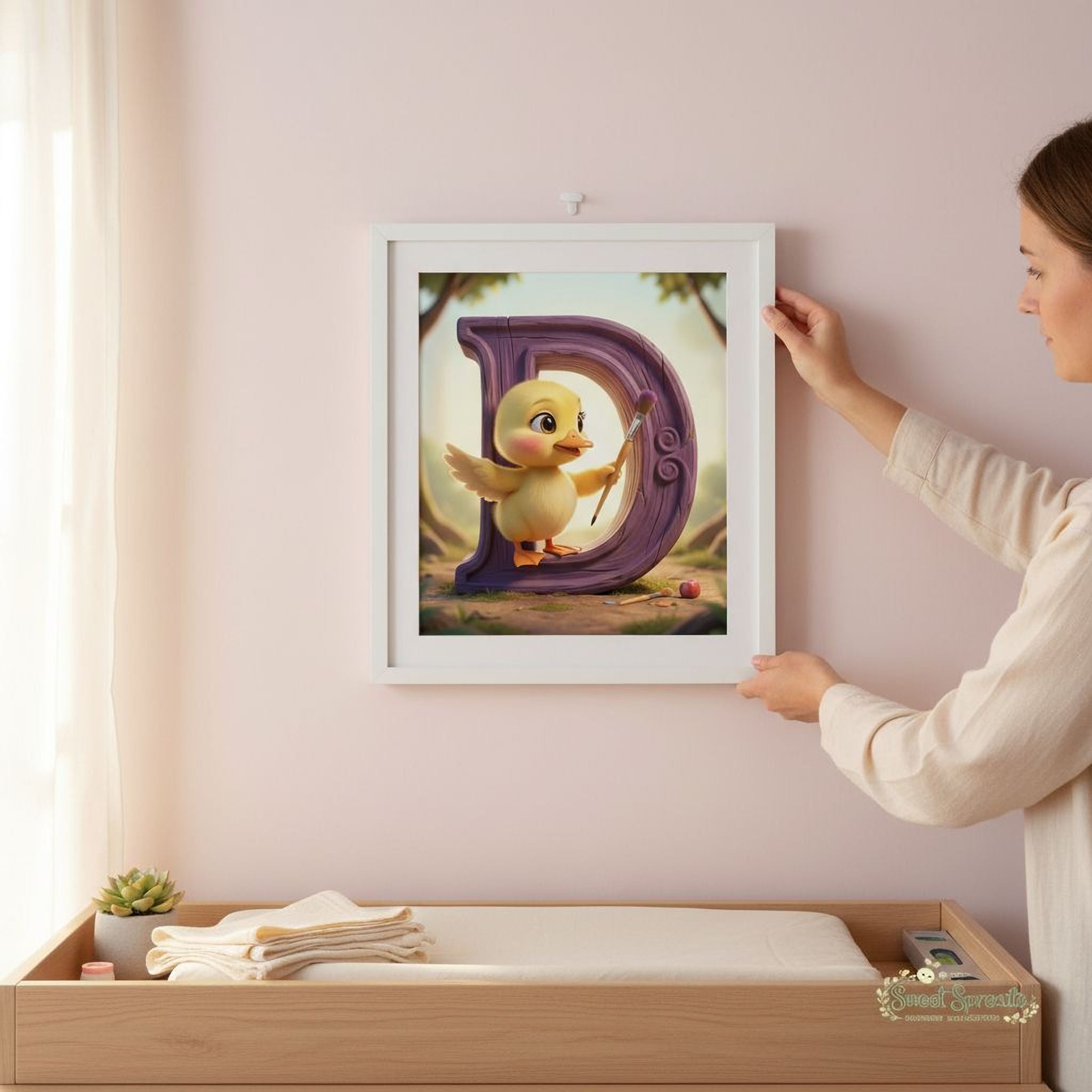 A woman is hanging a framed artwork featuring a cartoon duck on a wall.