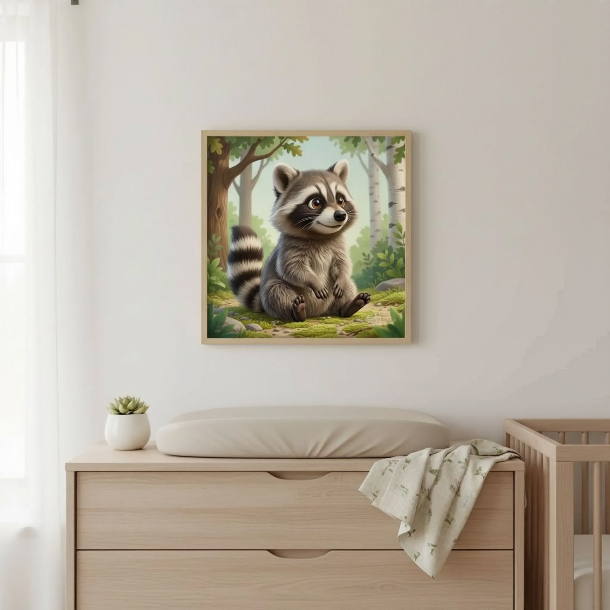 A framed painting of a raccoon sitting on a mossy log in a forest setting hangs on a white wall above a wooden dresser.
