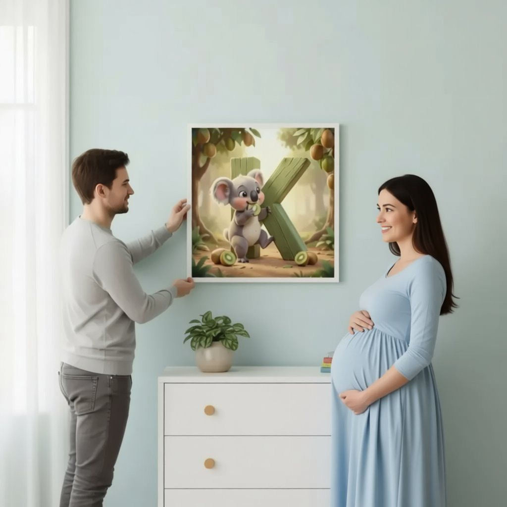 A man and a pregnant woman are standing in a room, looking at a framed artwork of a cartoon koala bear.