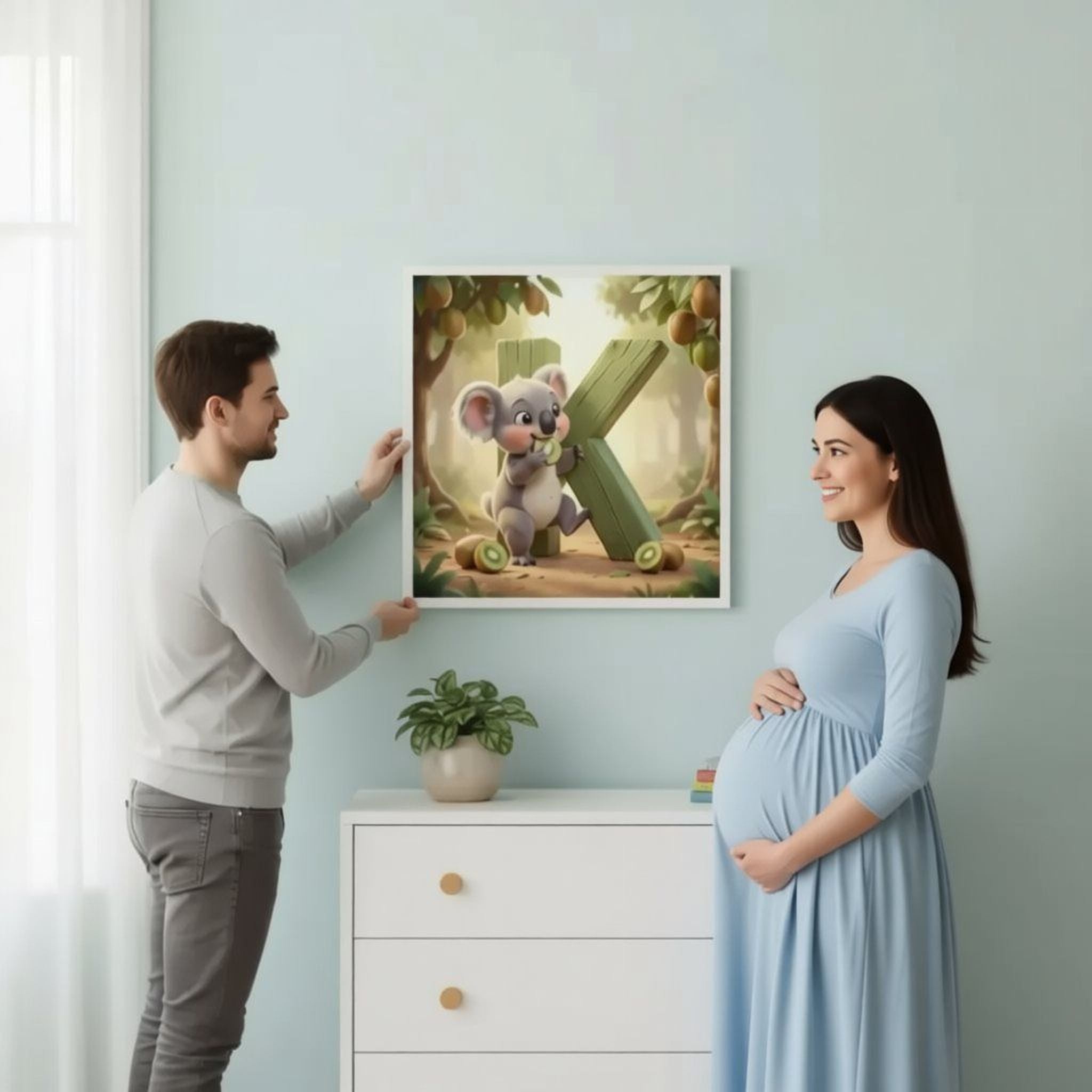 A man and a pregnant woman are standing in a room, looking at a framed artwork of a cartoon koala bear.