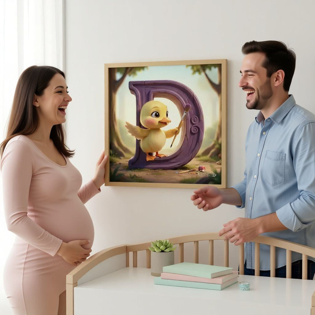 A pregnant woman and a man are standing in a room, smiling and looking at each other. There is a framed cartoon image of a yellow duck on the wall behind them.