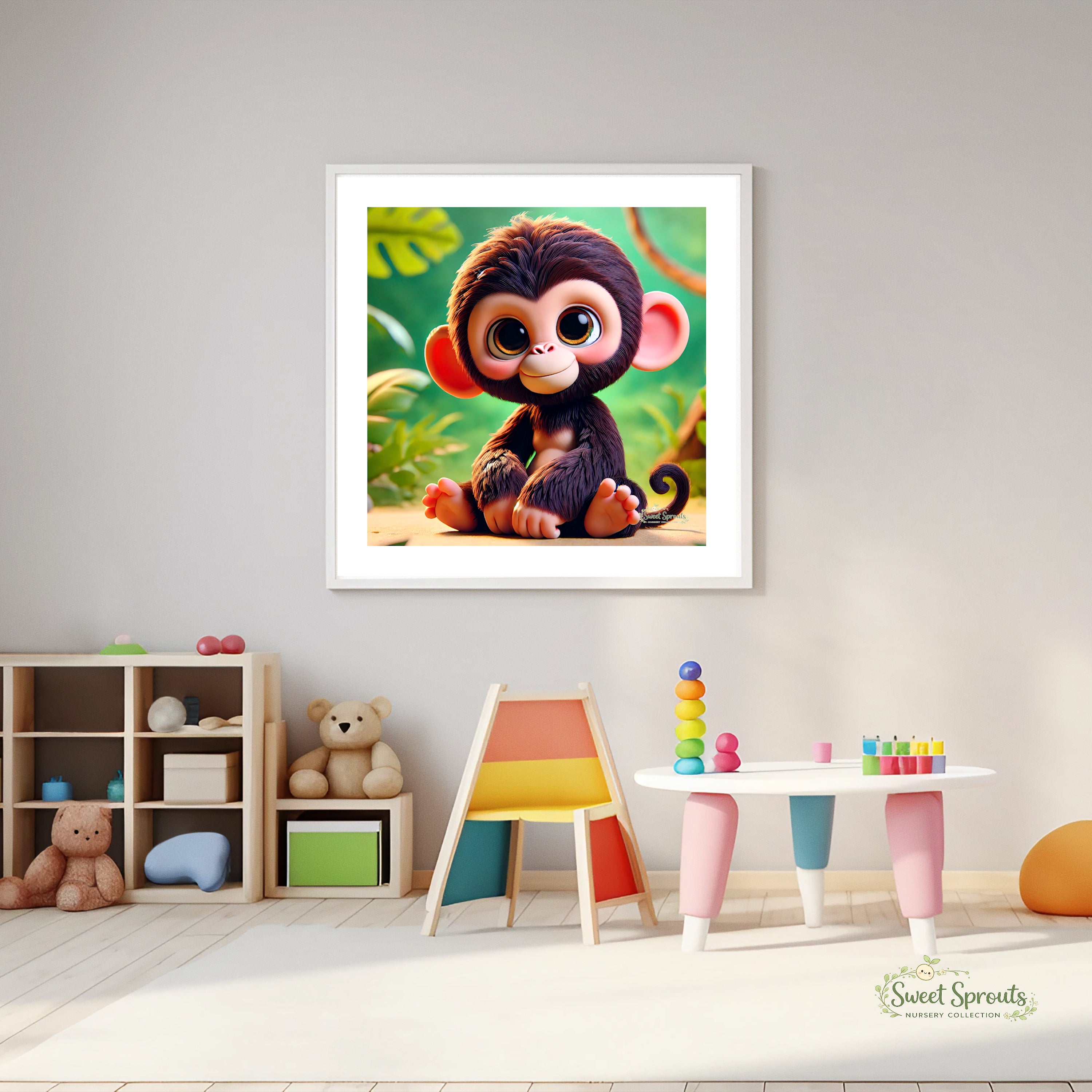 A framed image of a cute, cartoon-like monkey is displayed on the wall in a child's playroom, surrounded by toys and furniture.