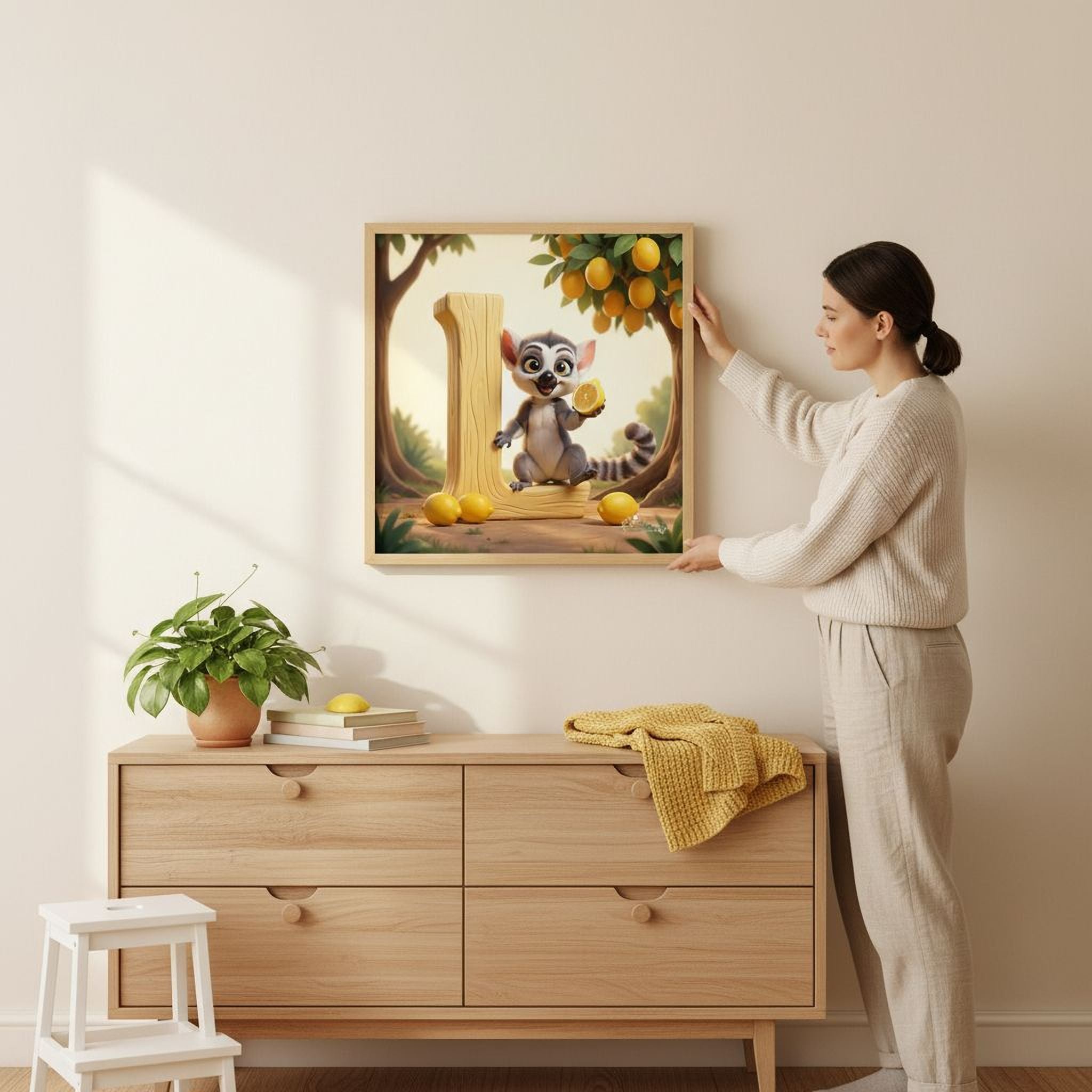 A woman is hanging a framed picture of a cartoon character, which appears to be a raccoon, on a wall in a room with a wooden dresser and a potted plant.