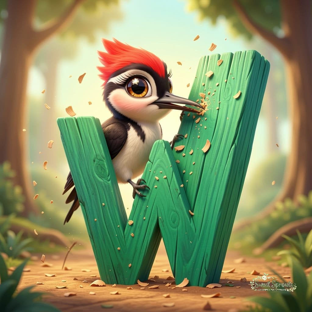 A cartoon woodpecker pecks at a large green letter 'W' in a forest setting.