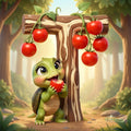 A cartoon turtle is shown eating a red apple, with a wooden post and red tomatoes hanging from it, in a forest setting.