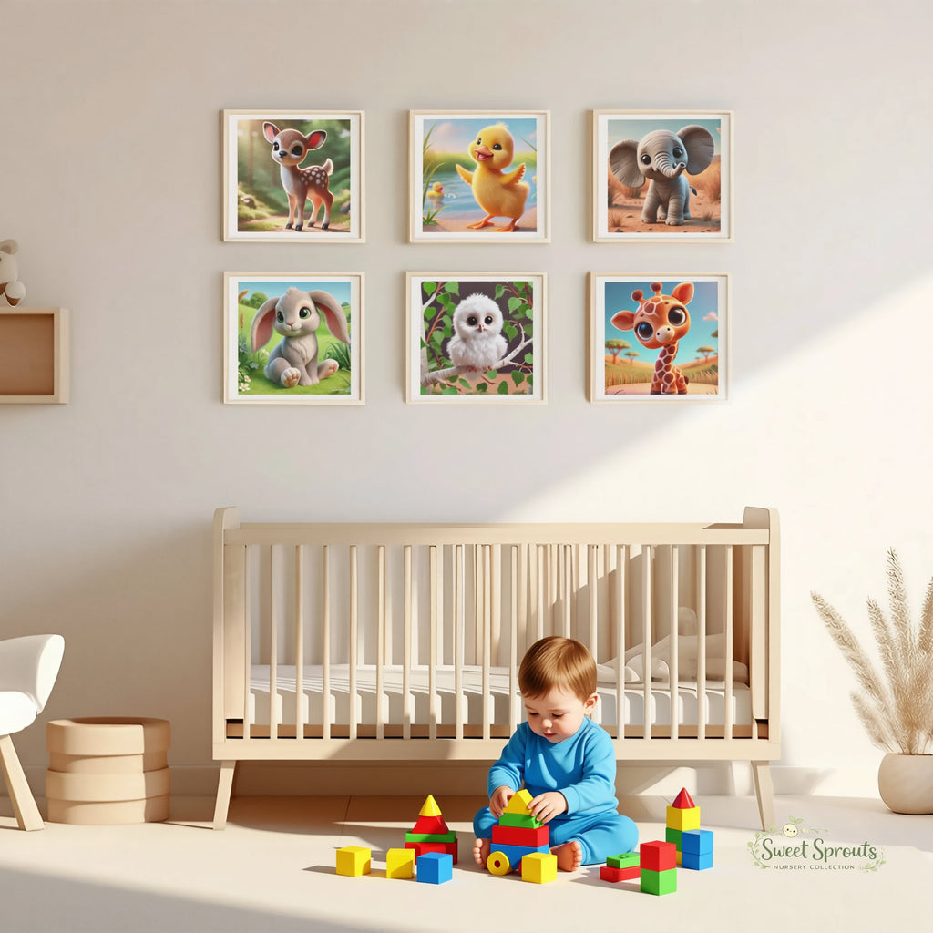 A child is playing with colorful blocks in a nursery, surrounded by a wooden crib and framed animal illustrations on the wall.