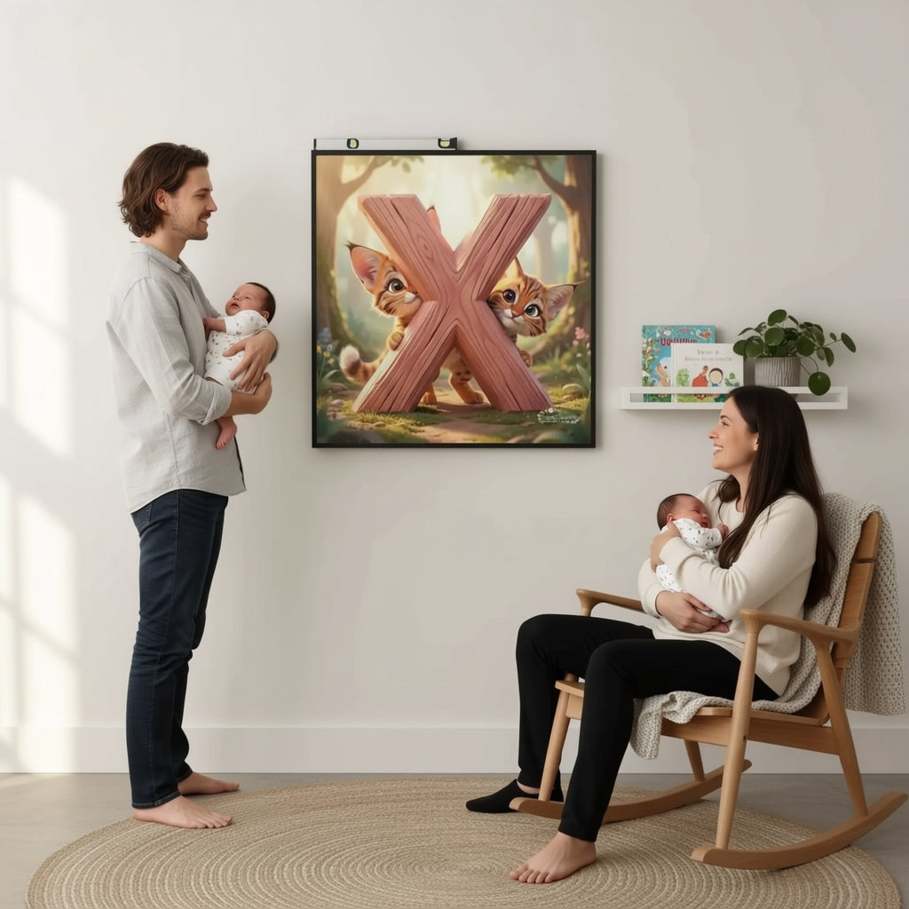 A person is hanging a large framed artwork featuring a cartoon image of two cats on a wall in a room with a rocking chair and a plant.