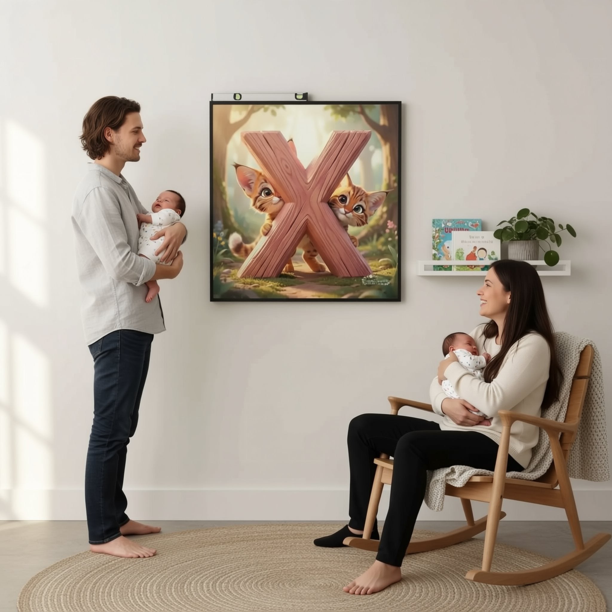 A person is hanging a large framed artwork featuring a cartoon image of two cats on a wall in a room with a rocking chair and a plant.
