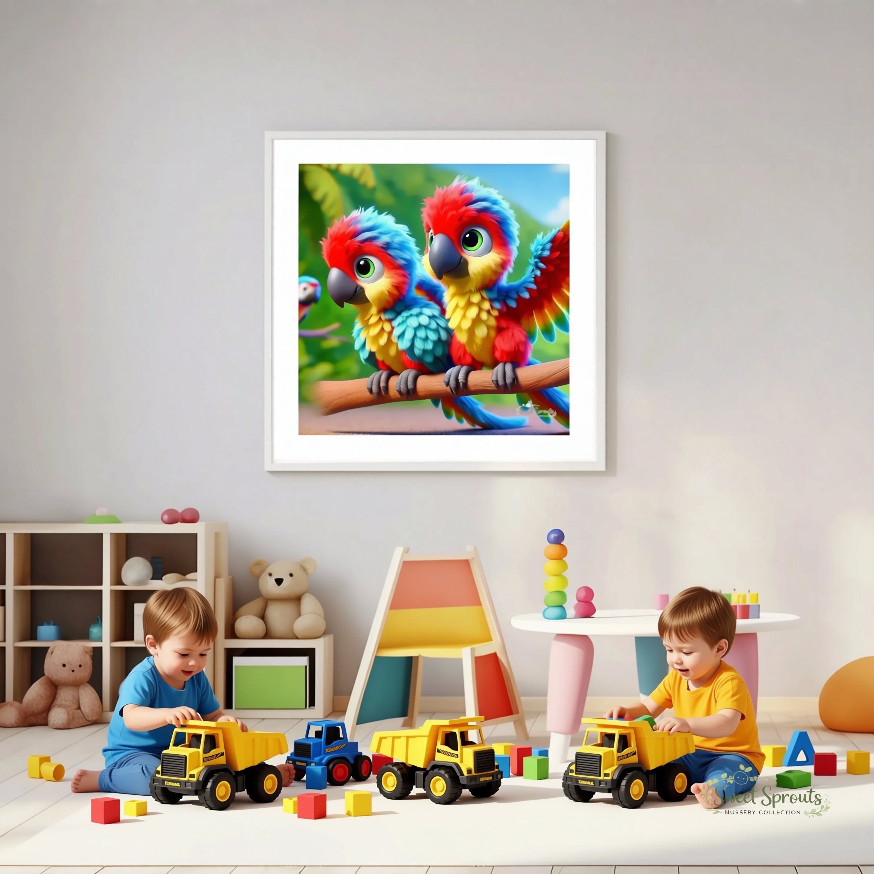 a colorful and playful scene of two parrots perched on a branch, surrounded by a variety of toys and a child's play area.