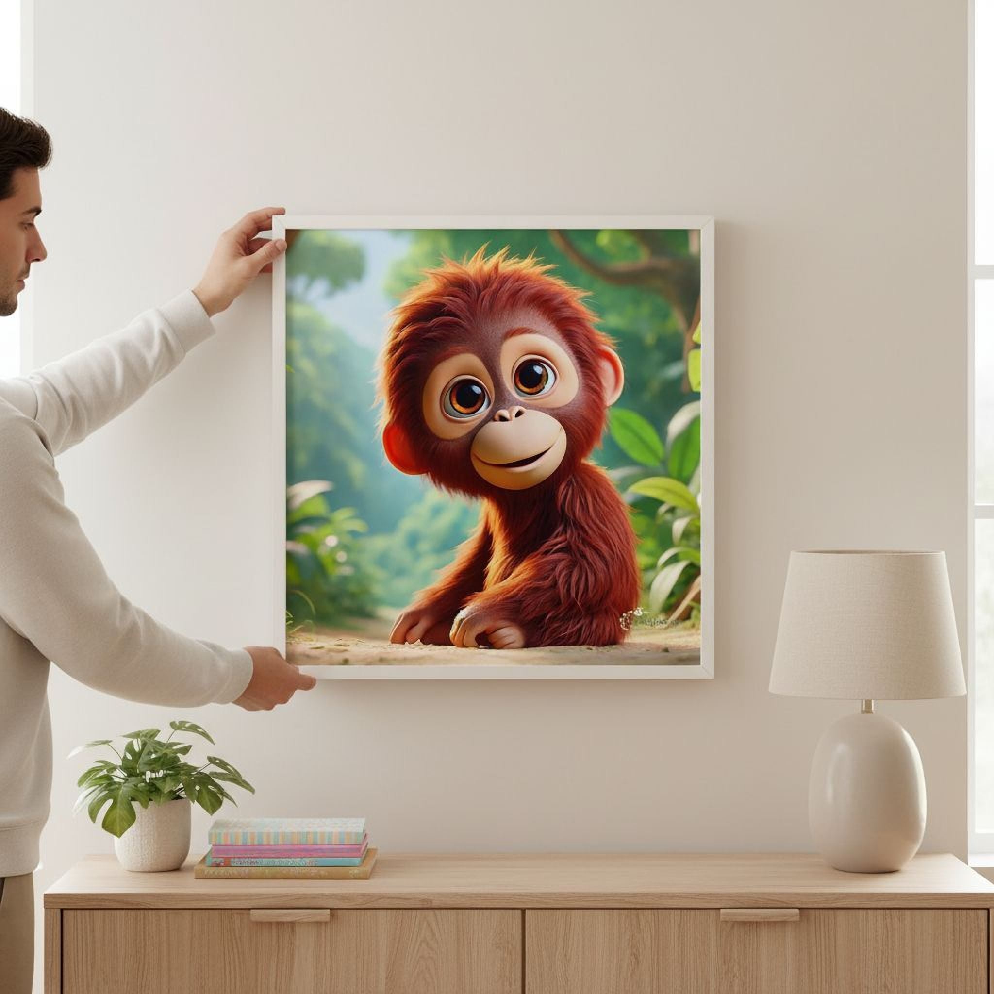 A person is holding up a framed picture of a cute orangutan on a wall in a room with a wooden dresser and a lamp.