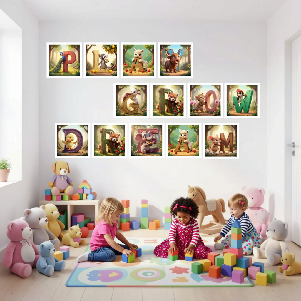 A colorful and playful children's room filled with toys, including stuffed animals, building blocks, and a rocking horse. The walls are decorated with various framed images depicting animals and characters, creating a vibrant and imaginative atmosphere.