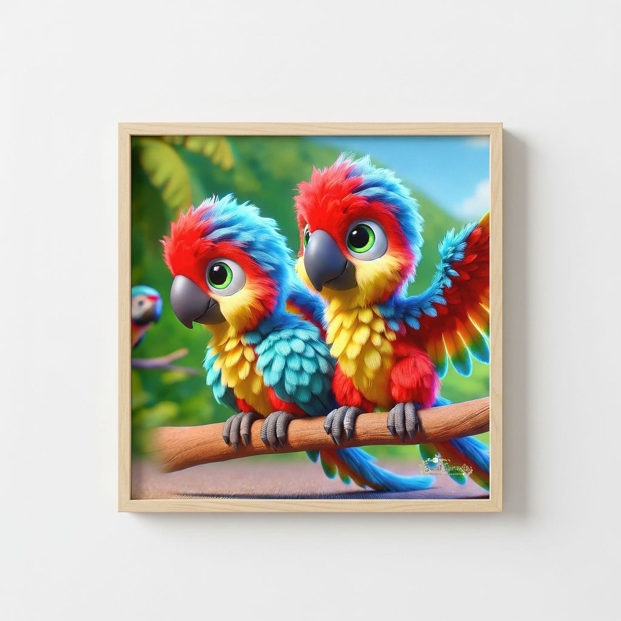 A framed image of two colorful parrots perched on a branch, with vibrant feathers in shades of red, blue, yellow, and green.