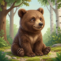 A brown bear sitting on the ground in a forest, surrounded by trees, plants, and rocks.