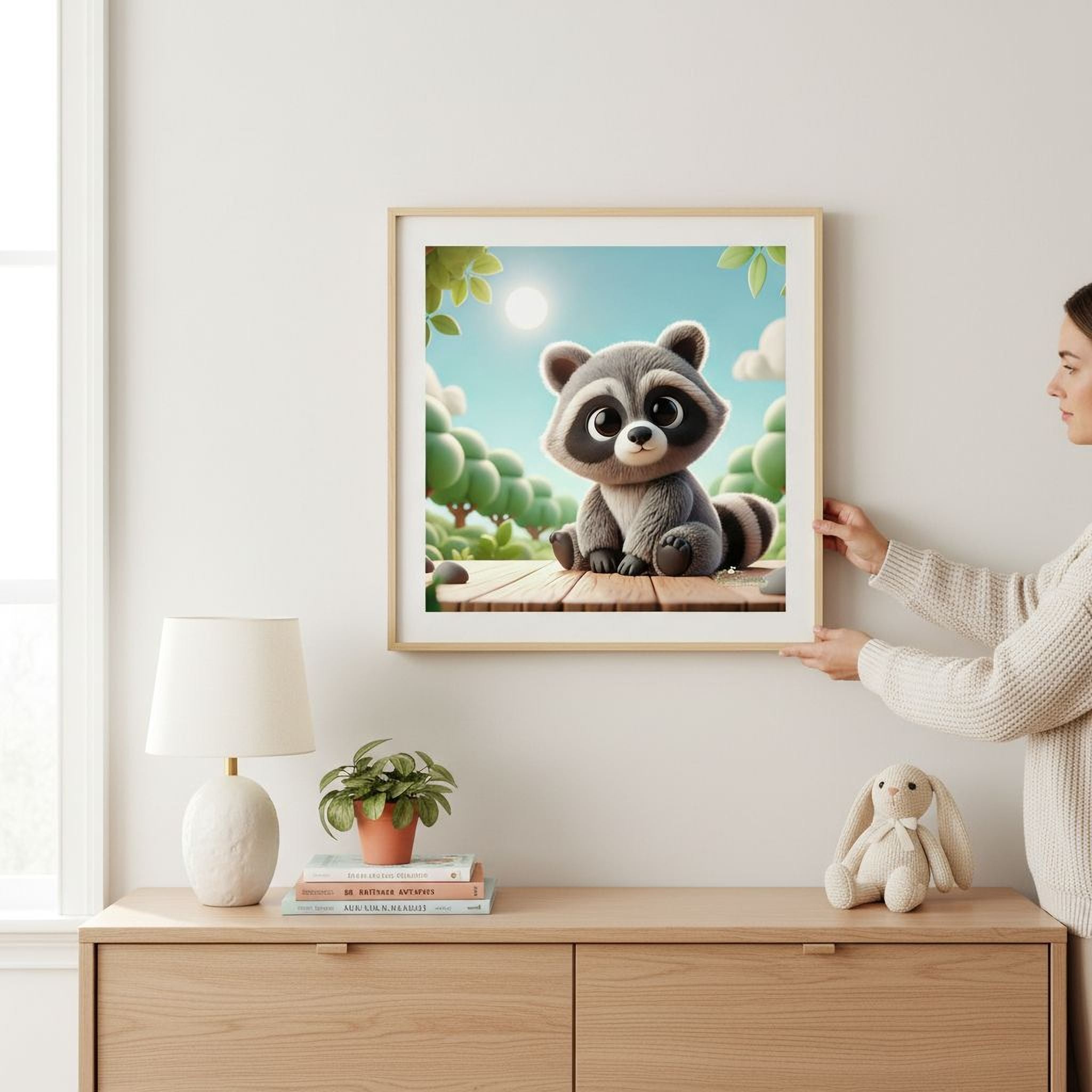A framed illustration of a raccoon sitting on a wooden surface is hanging on a wall, with a person standing next to it.