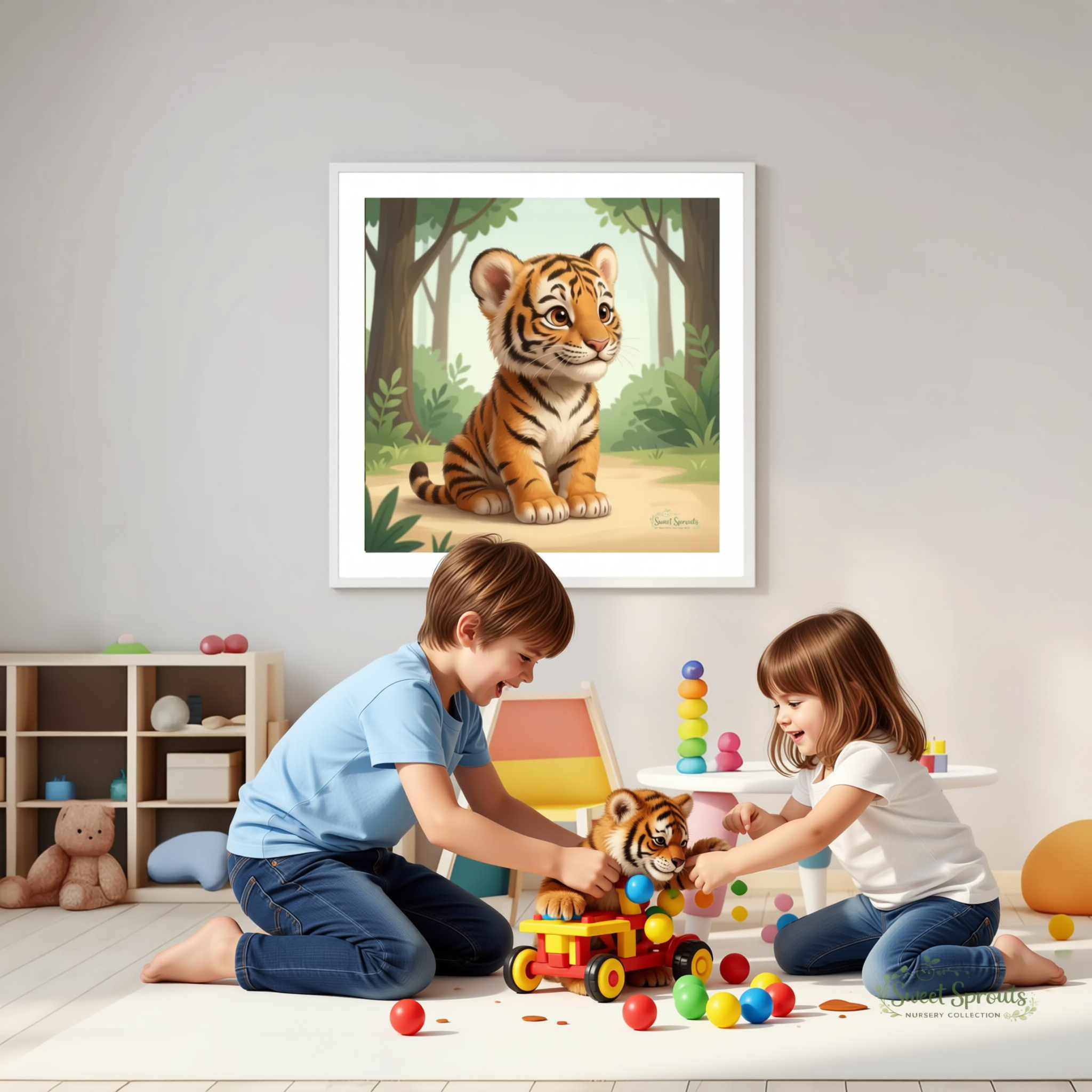 A framed illustration of a tiger sitting on a forest floor is displayed on a wall in a child's playroom.
