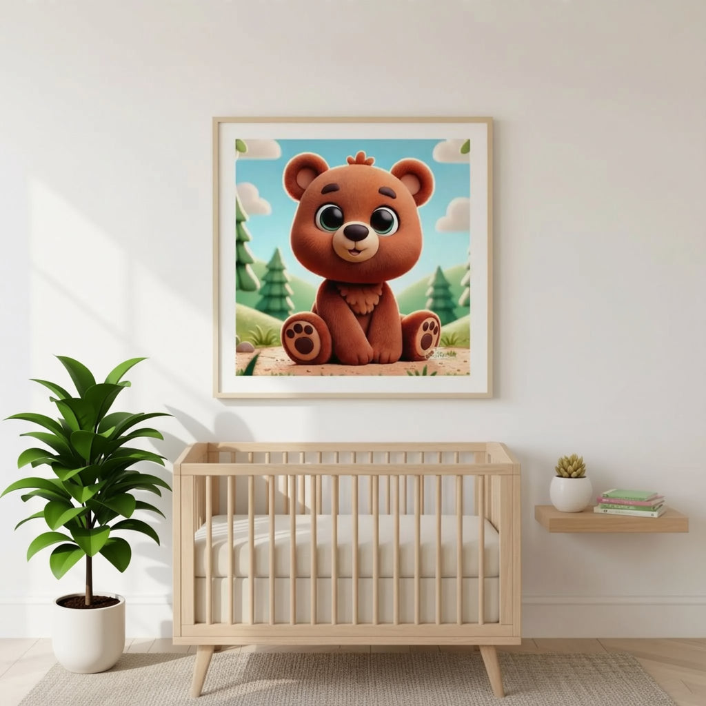 a wooden crib with a framed cartoon bear picture hanging above it, and a potted plant to the left of the crib.