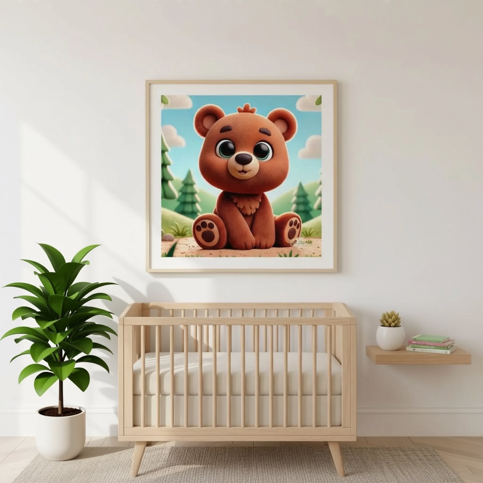 a wooden crib with a framed cartoon bear picture hanging above it, and a potted plant to the left of the crib.