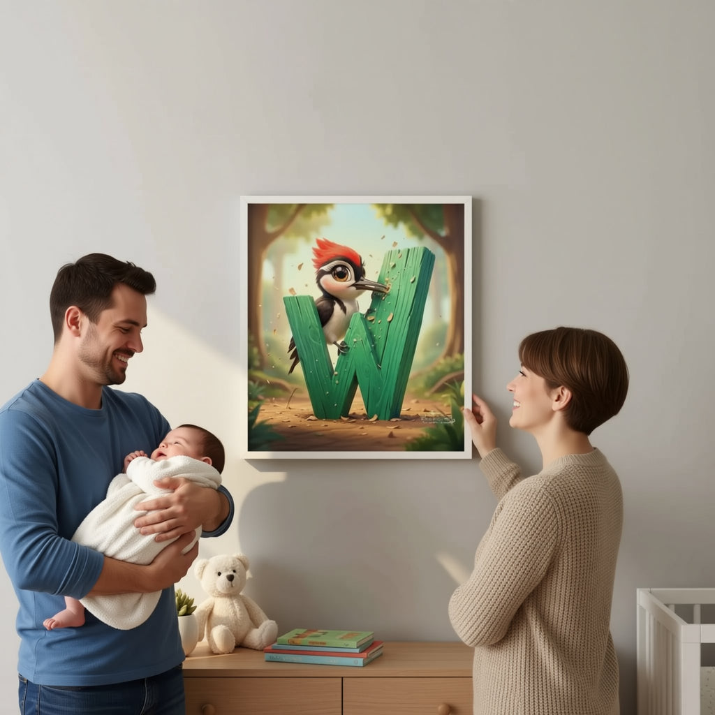 A person is hanging a framed artwork featuring a cartoon character on a wall.
