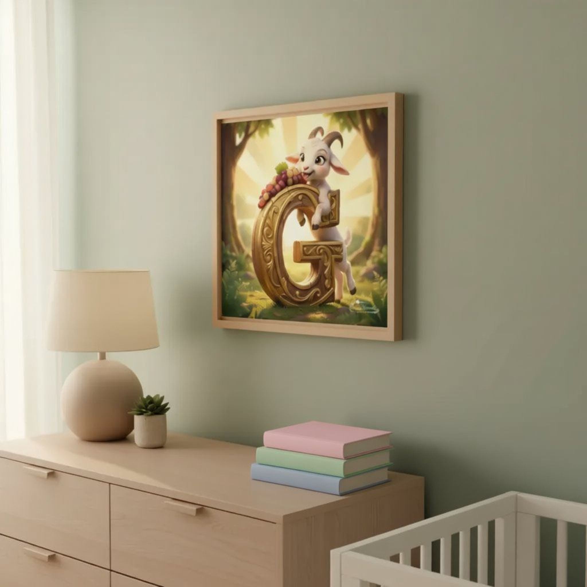 a wooden dresser with a lamp, a stack of books, and a framed artwork depicting a cartoon goat holding a bunch of grapes.