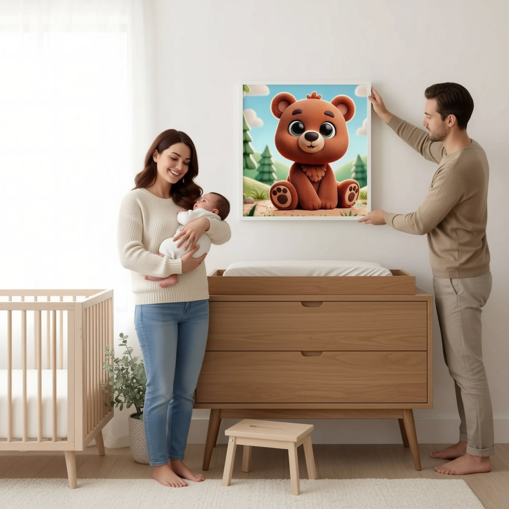 A woman is holding a baby in a nursery, while a man is hanging a framed picture of a cartoon bear on the wall.