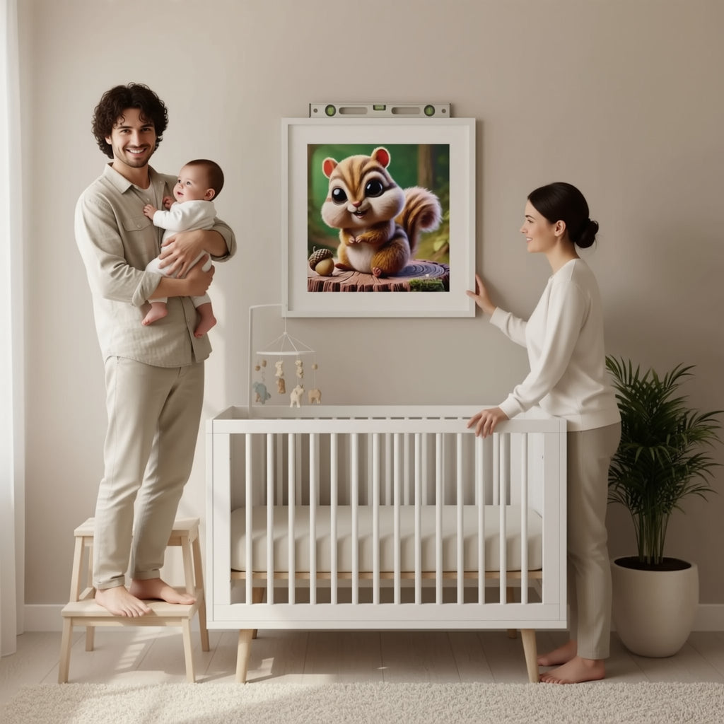 A man is standing on a stool and hanging a framed picture of a squirrel on a wall in a nursery.