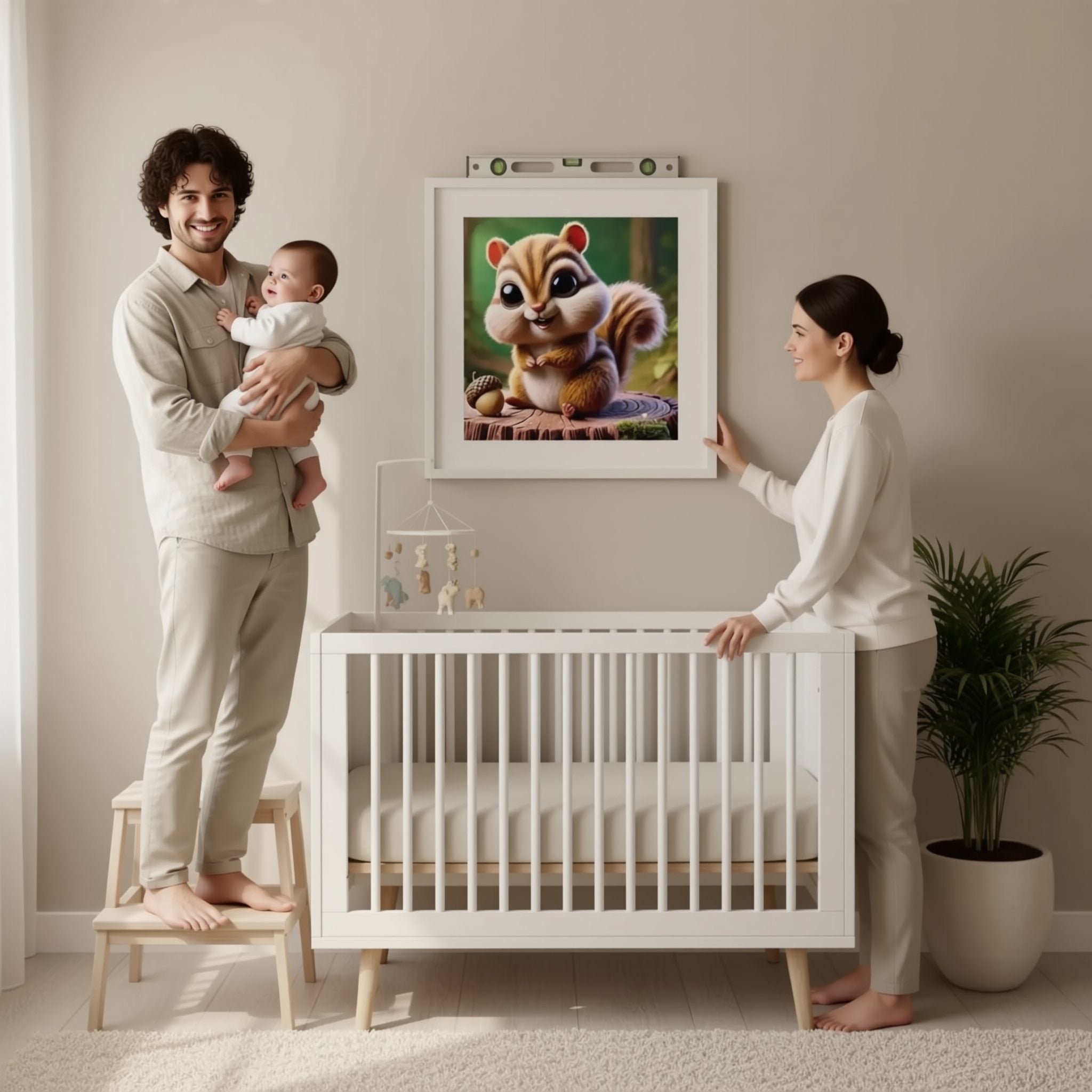 A man is standing on a stool and hanging a framed picture of a squirrel on a wall in a nursery.