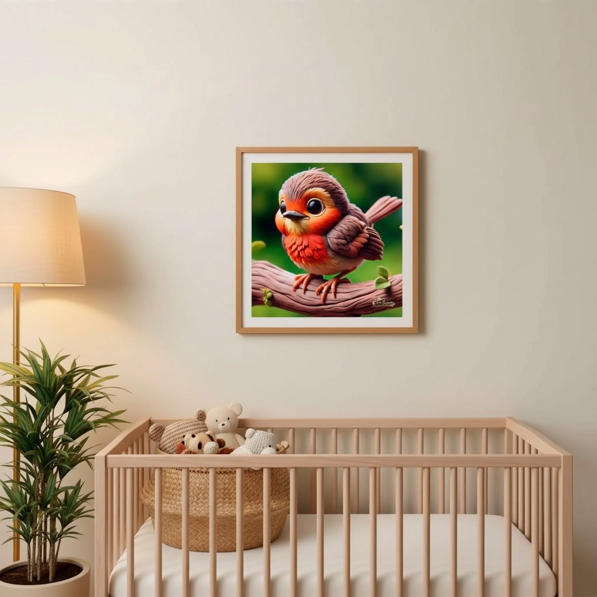 A woman is hanging a framed picture of a colorful bird on a wall in a nursery.
