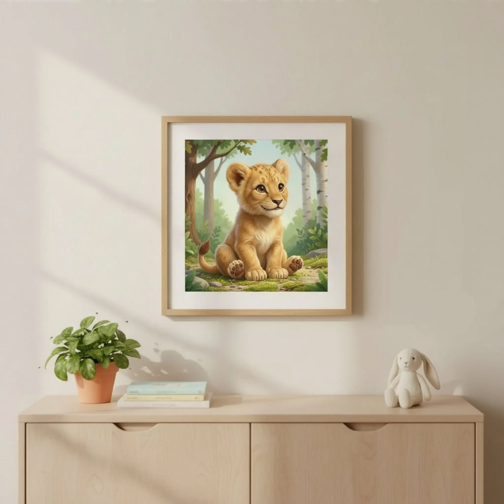 A woman is hanging a framed painting of a lion cub in a forest setting on a wall.