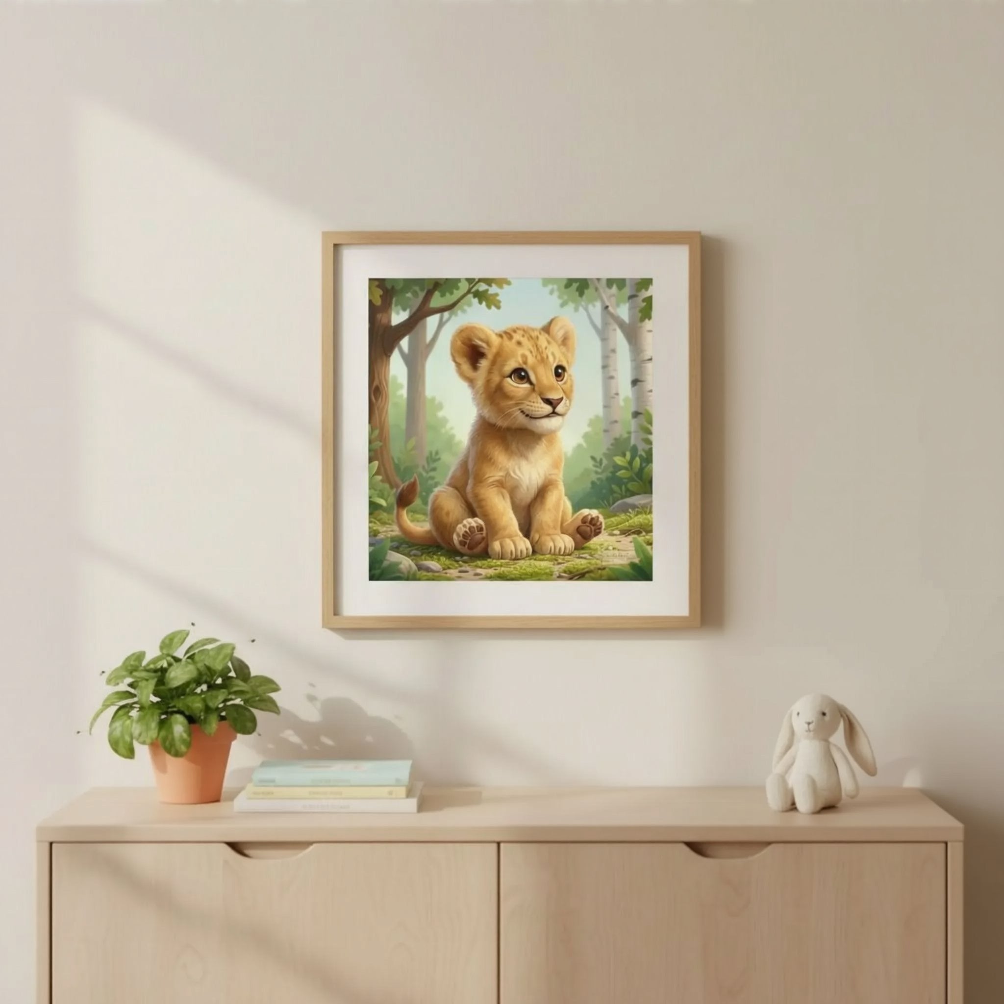 A woman is hanging a framed painting of a lion cub in a forest setting on a wall.