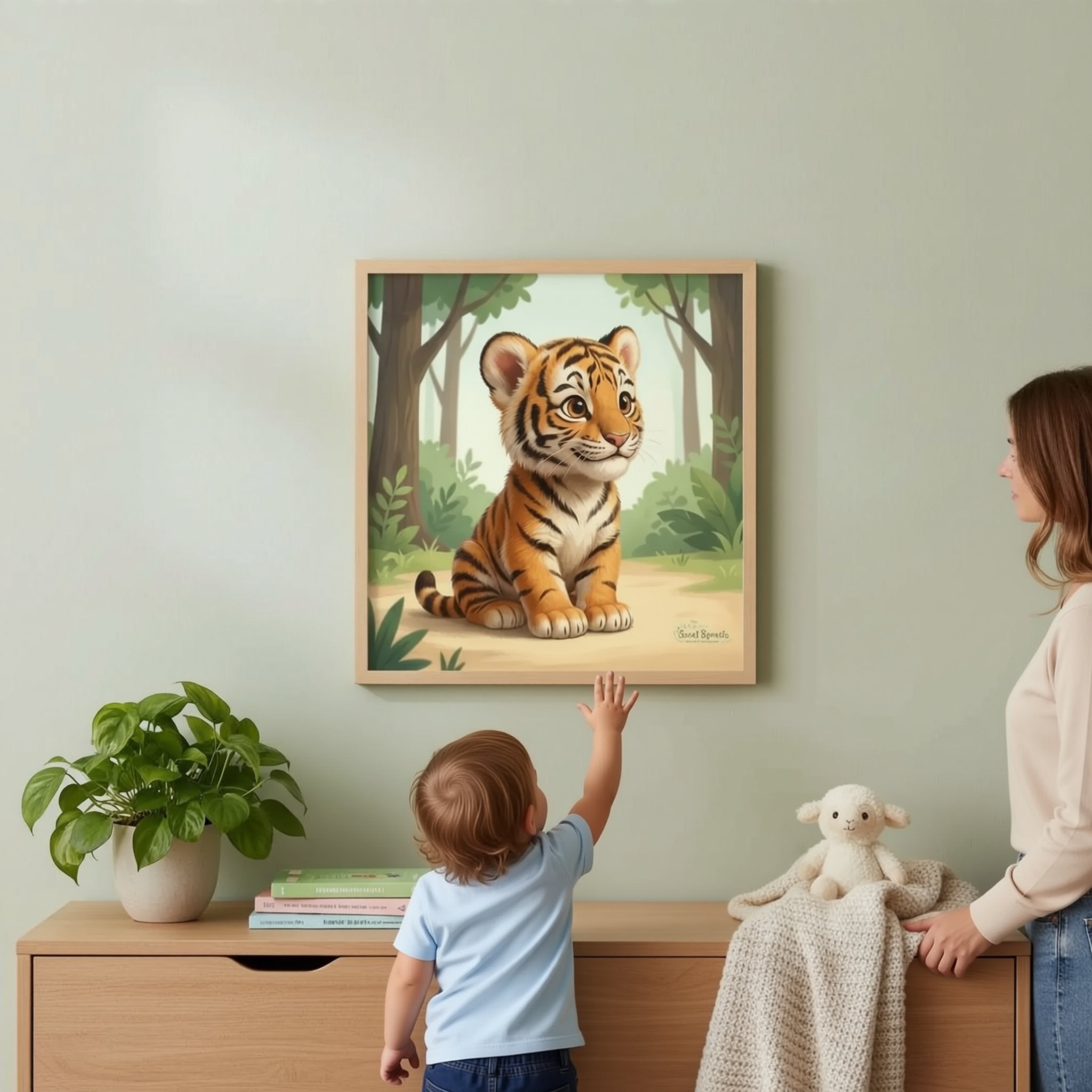 A woman is holding up a framed painting of a tiger cub in a forest setting, which is hanging on a wall above a wooden dresser.