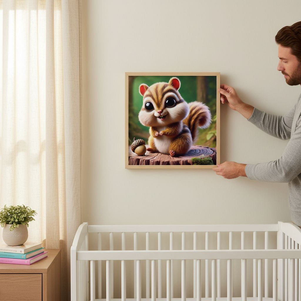 A framed image of a cartoon chipmunk is hanging on a wall in a nursery.