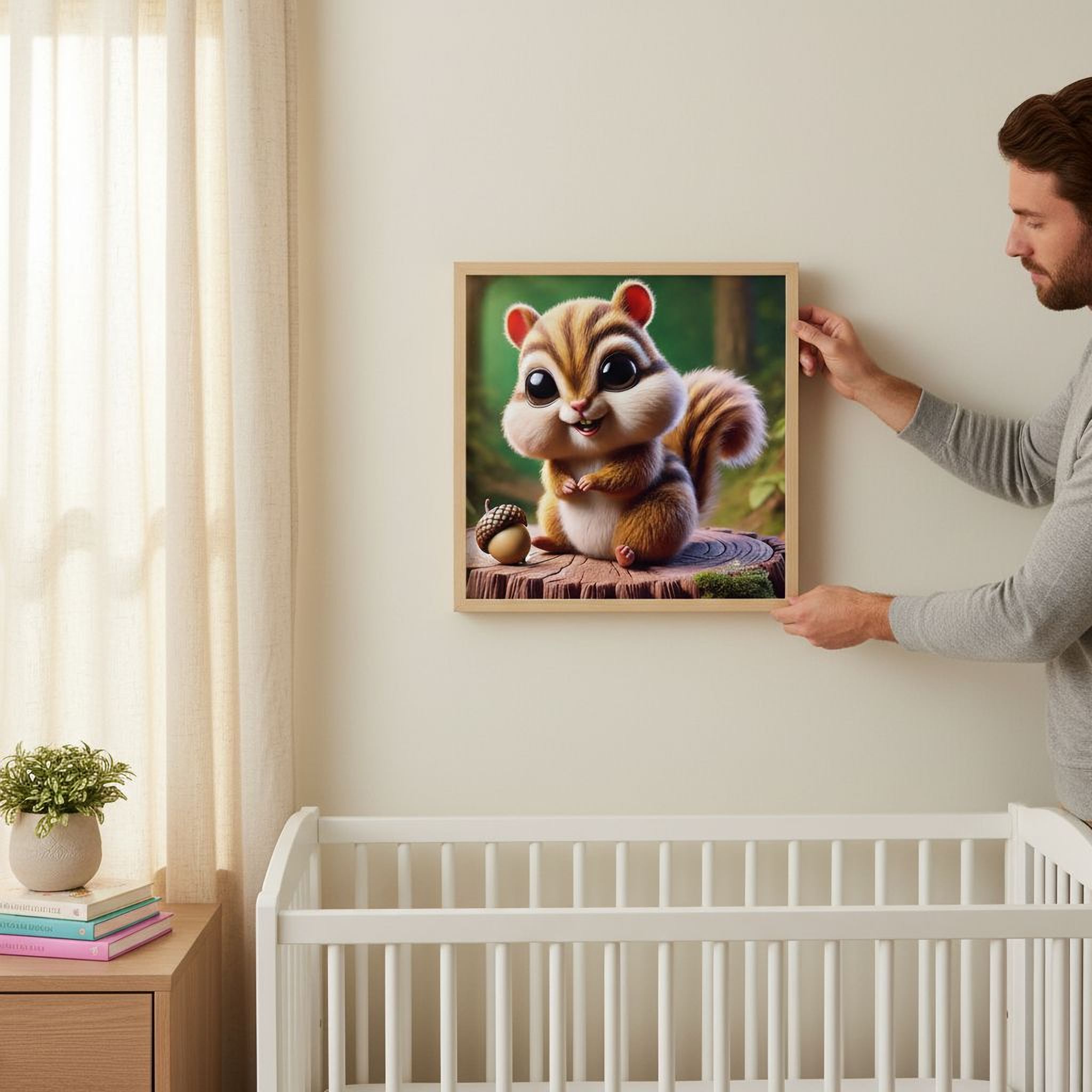 A framed image of a cartoon chipmunk is hanging on a wall in a nursery.