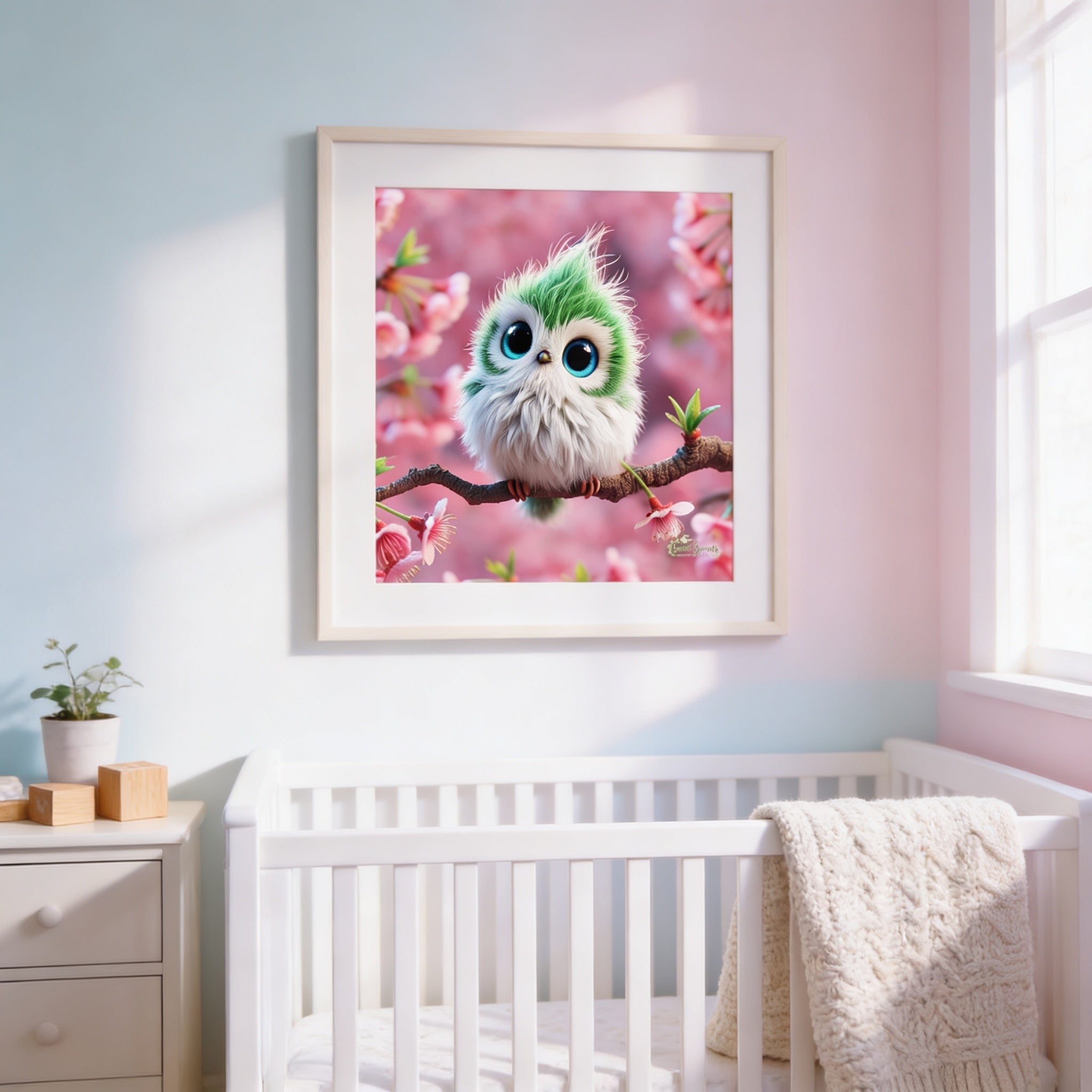 A framed image of a cute, green owl with large eyes is hanging on a light blue wall above a white crib in a nursery.