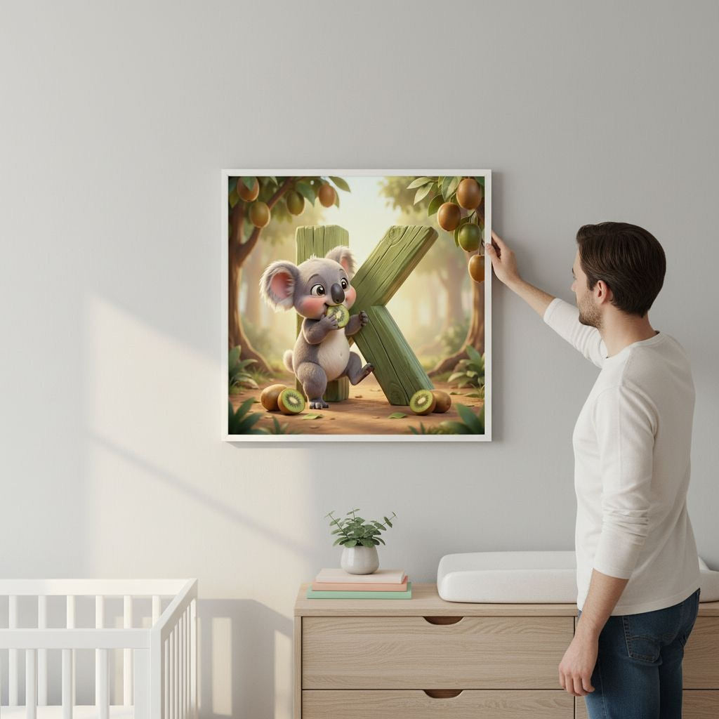 A man is hanging a framed illustration of a koala bear on a wall in a nursery.