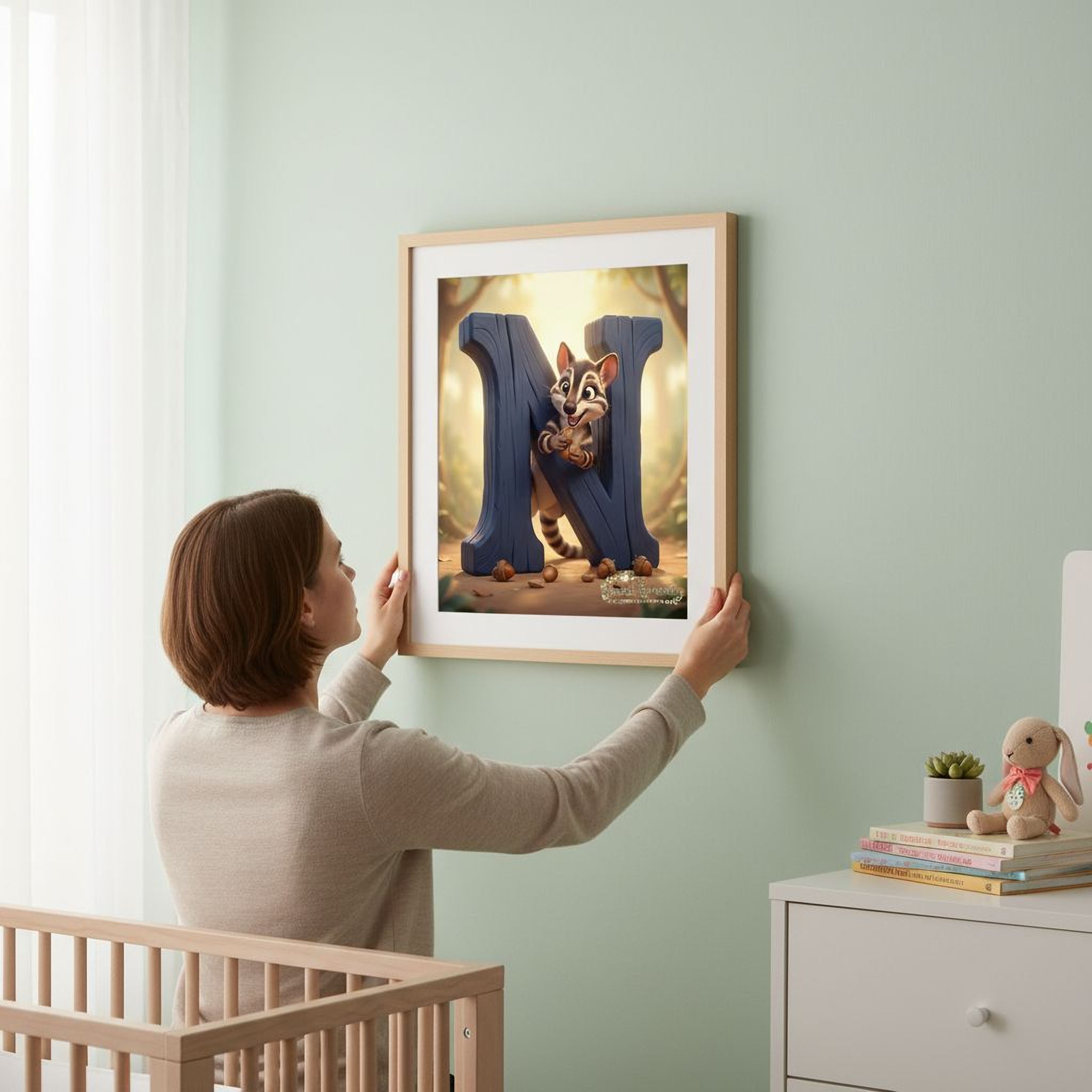 A woman hangs a framed artwork featuring a cartoon character on a wall in a nursery.
