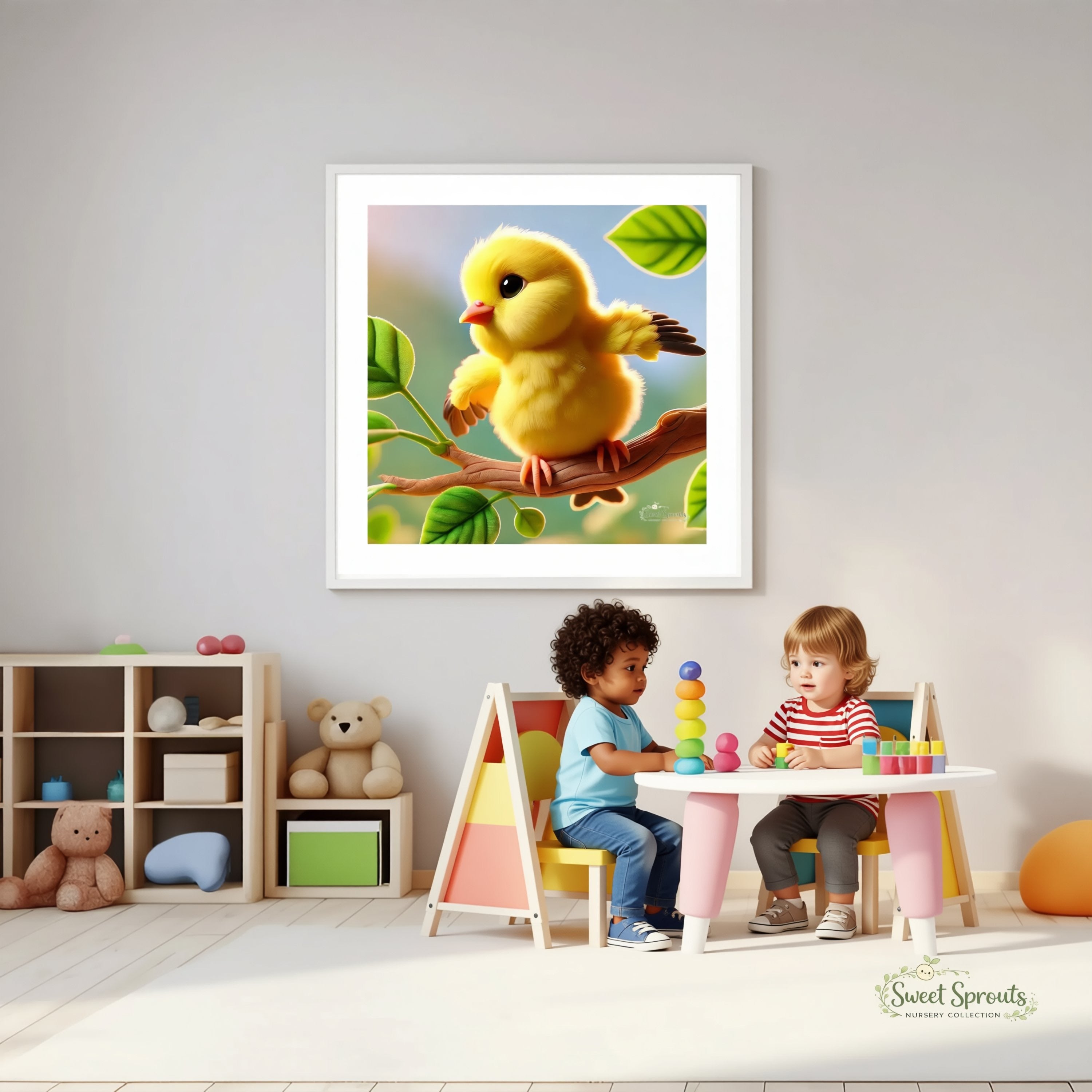 A child's playroom with a framed image of a yellow bird perched on a branch, surrounded by toys and children playing.