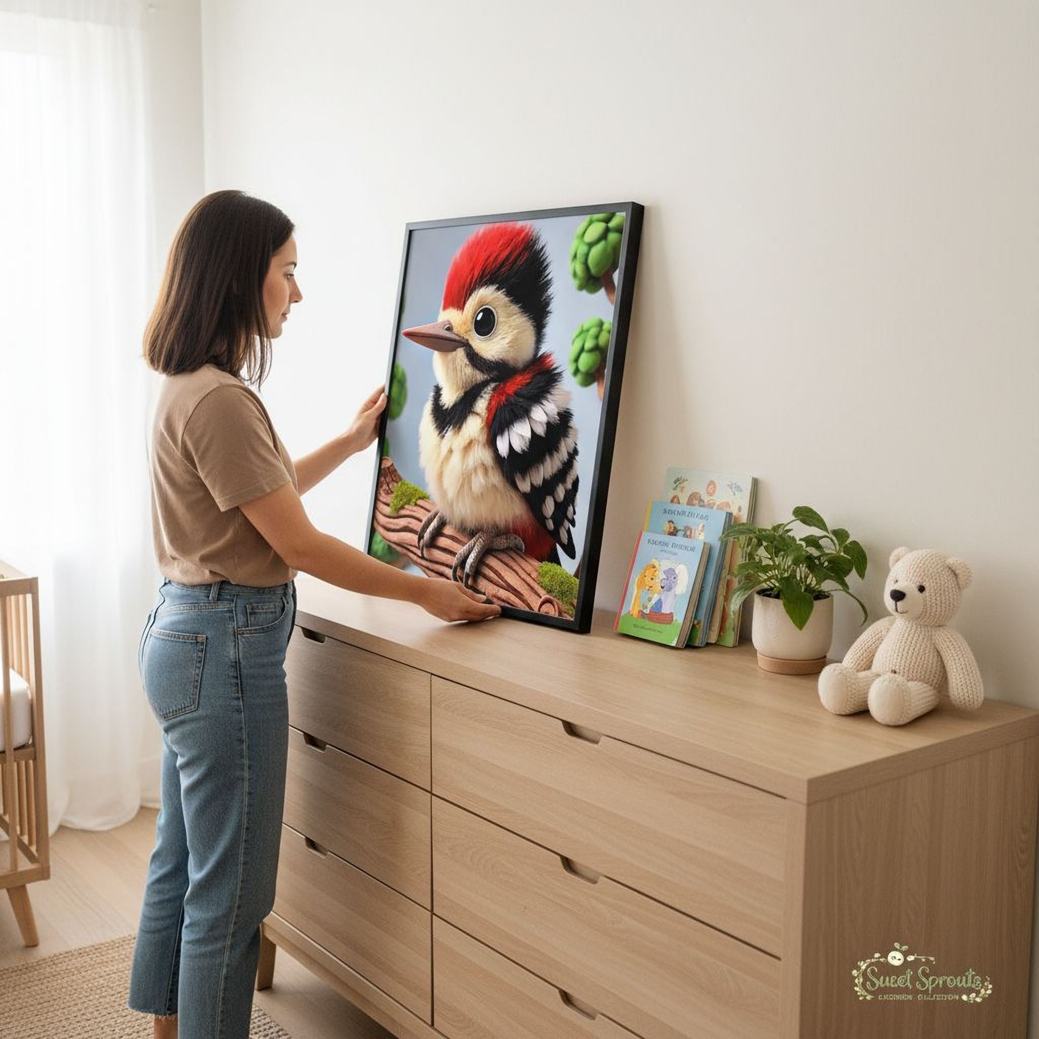A woman is standing in front of a wooden dresser, holding a framed picture of a woodpecker. The dresser has several books and a stuffed teddy bear on it.