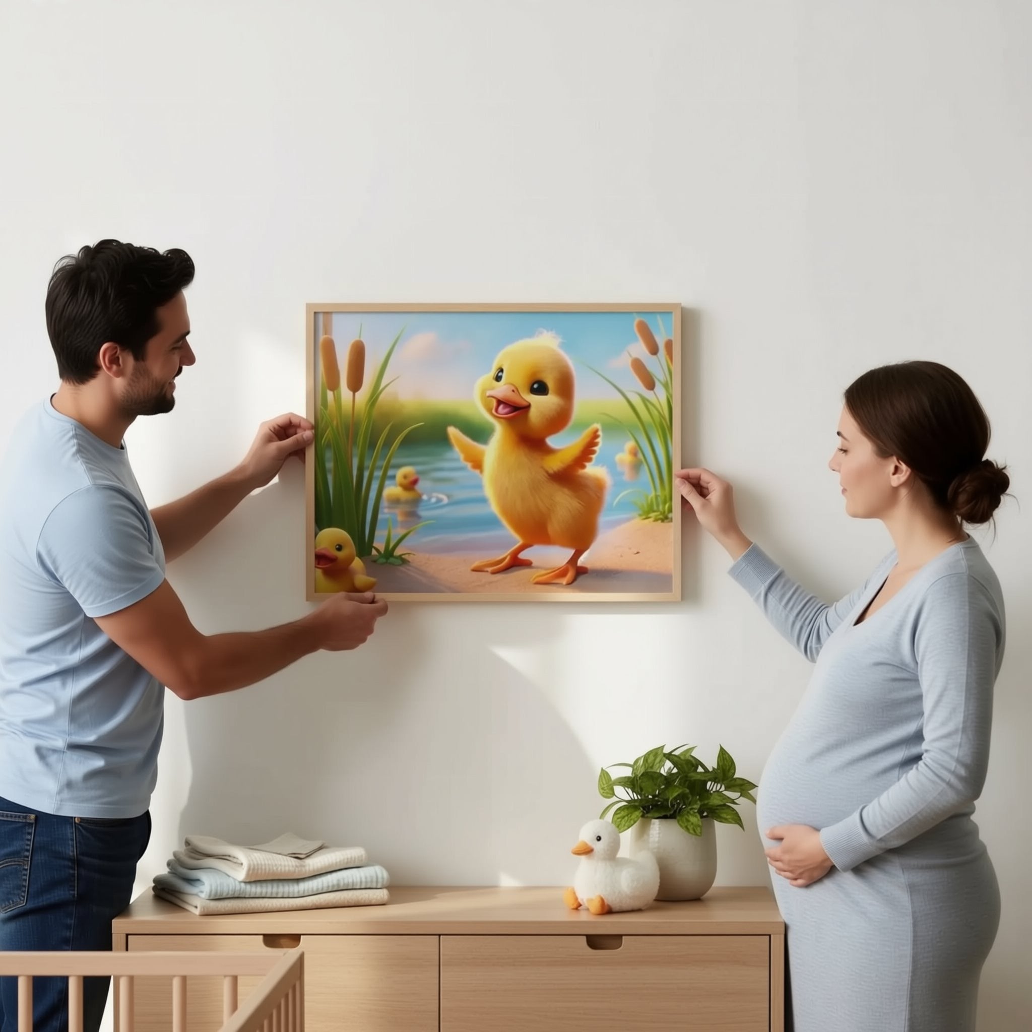 A woman is hanging a framed painting of a duck family on a wall in a room.