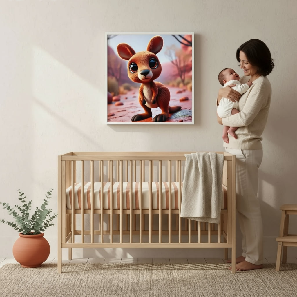 A person is standing next to a wooden crib, which has a framed image of a kangaroo hanging on the wall above it.