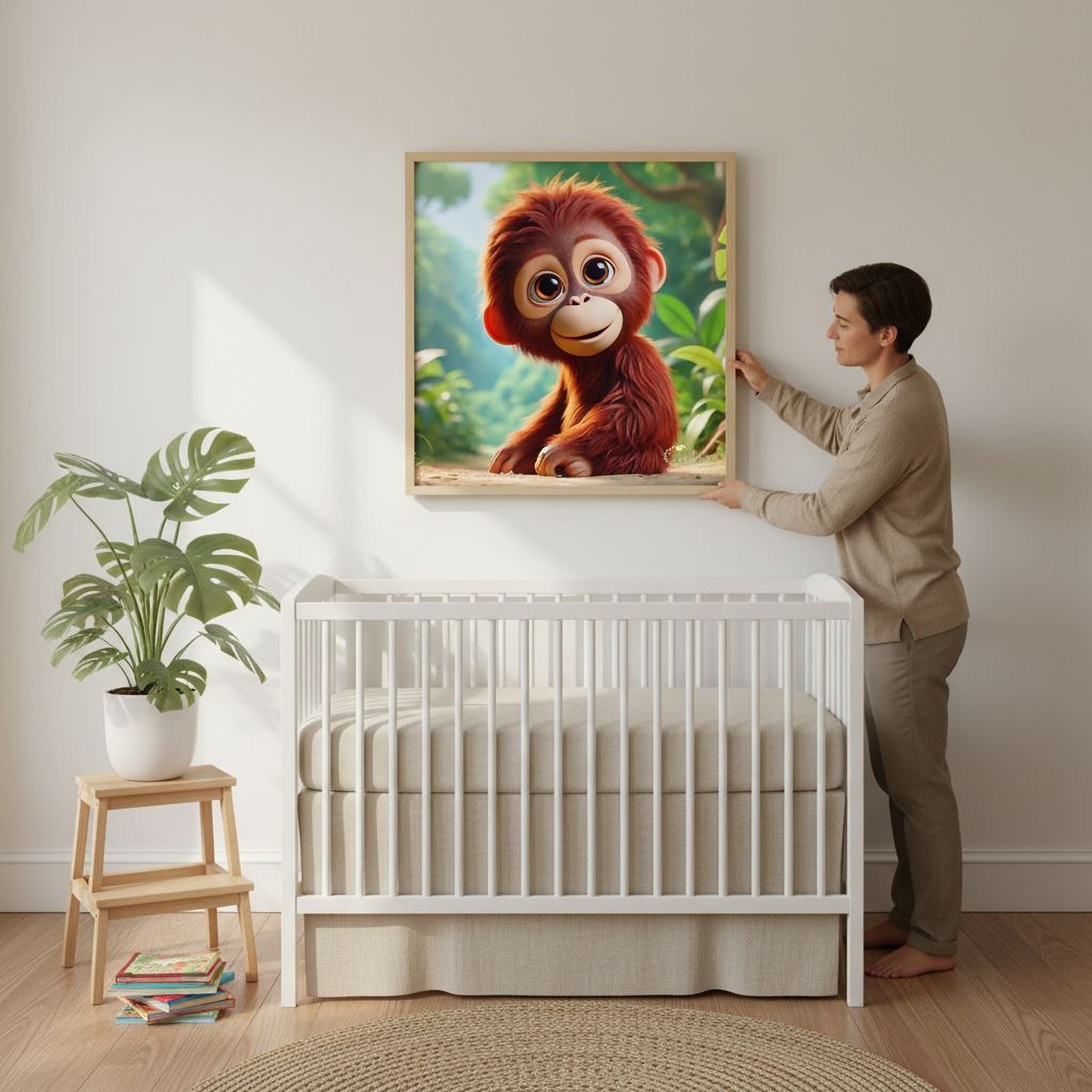 A person is standing next to a white crib, with a framed image of a baby orangutan hanging on the wall above the crib.