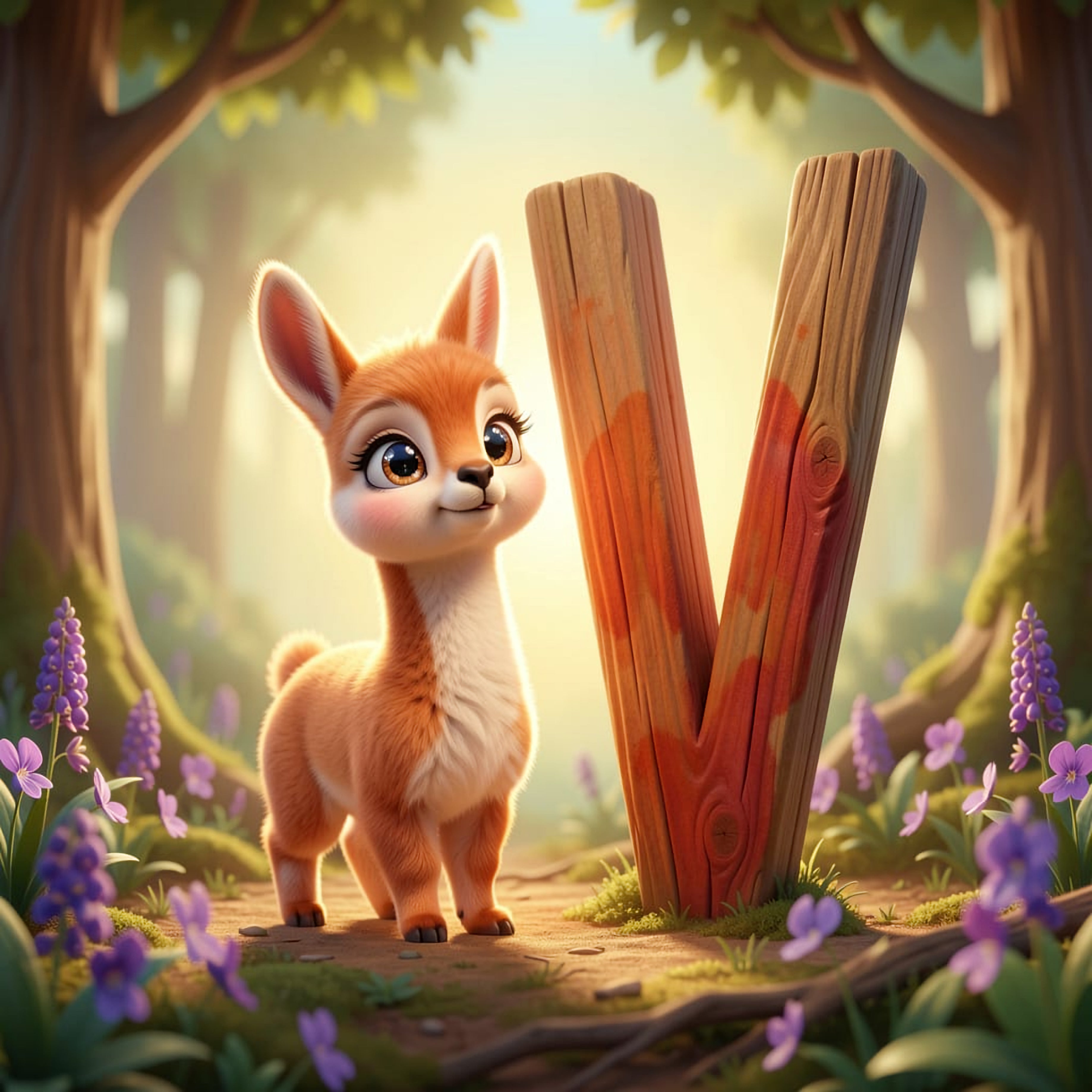 A cartoon rabbit standing next to a large wooden letter 'V' in a forest setting with purple flowers.