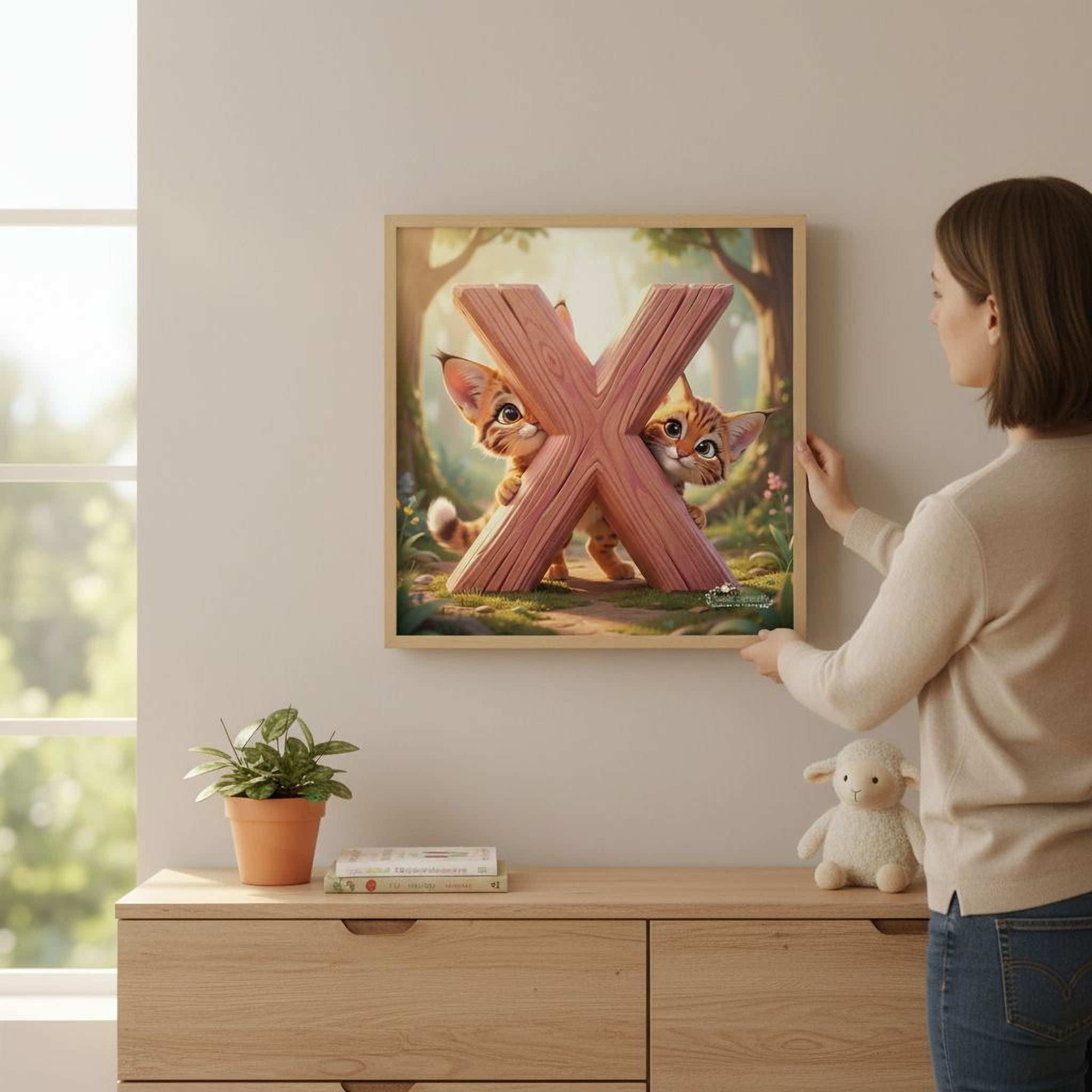 A woman is hanging a framed artwork featuring two cartoon cats on a wall in a room with a wooden dresser and a potted plant.