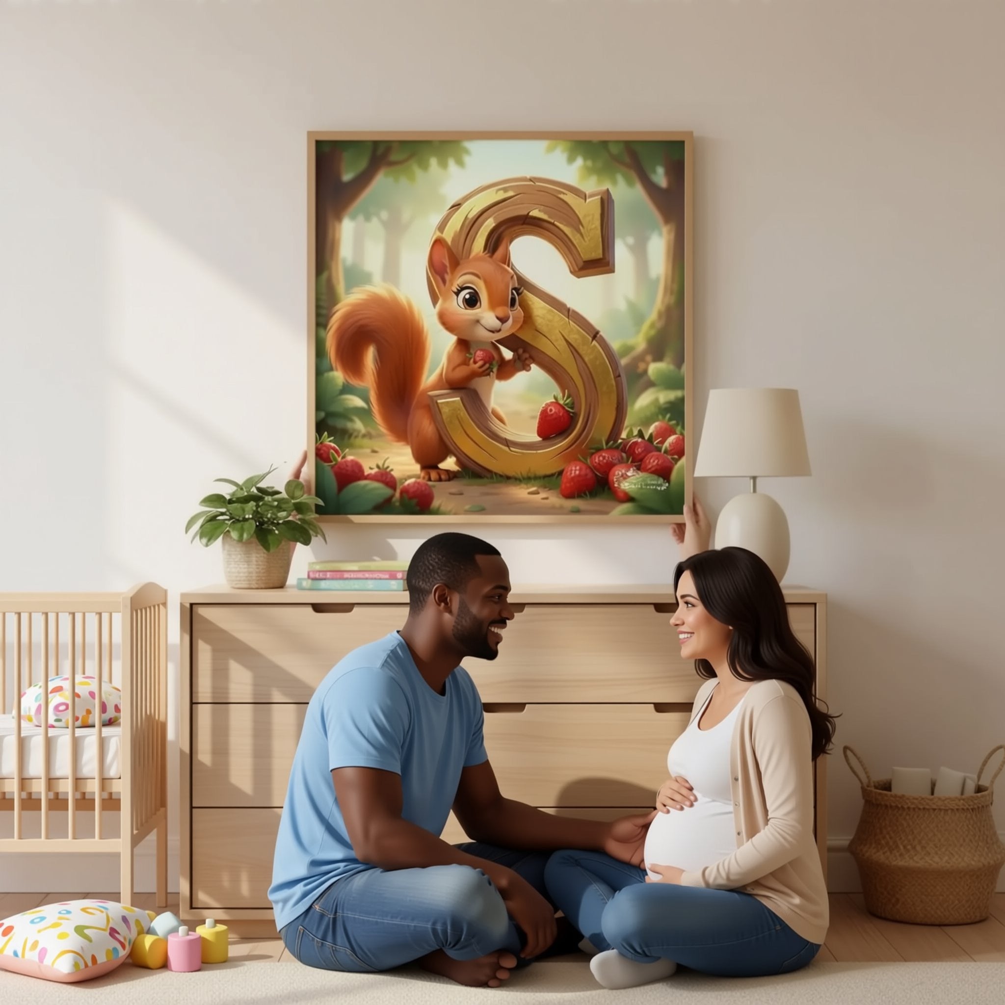 a wooden dresser with a framed artwork of a cartoon squirrel holding a large letter 'S' in front of a forest scene.