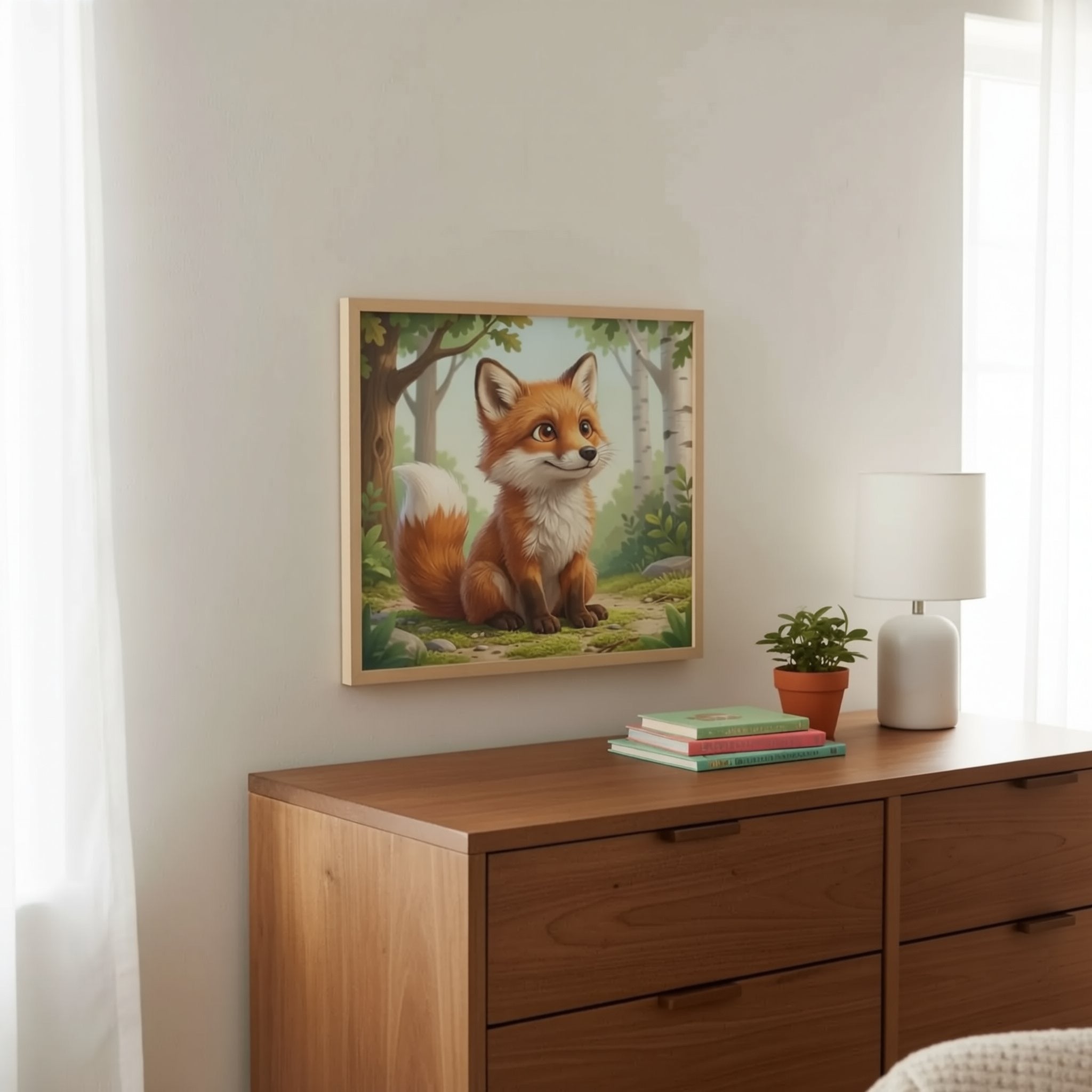A person is hanging a framed painting of a fox on a wall in a room with a wooden dresser and a lamp.