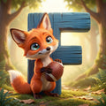 A cartoon fox holding a football and standing next to a large blue wooden letter 'F' in a forest setting.