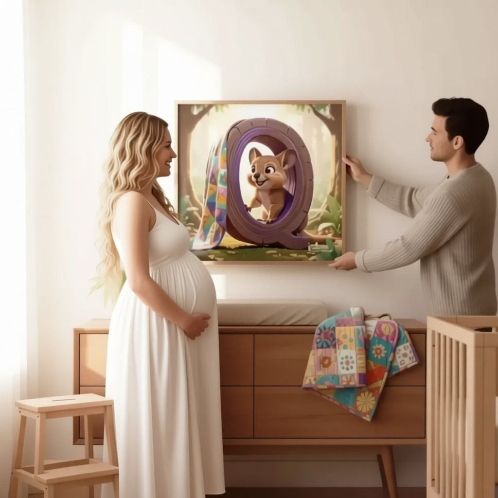 A pregnant woman in a white dress stands next to a man in a gray sweater, who is holding up a framed picture of a cartoon character on a wall.