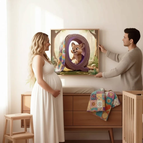 A pregnant woman in a white dress stands next to a man in a gray sweater, who is holding up a framed picture of a cartoon character on a wall.