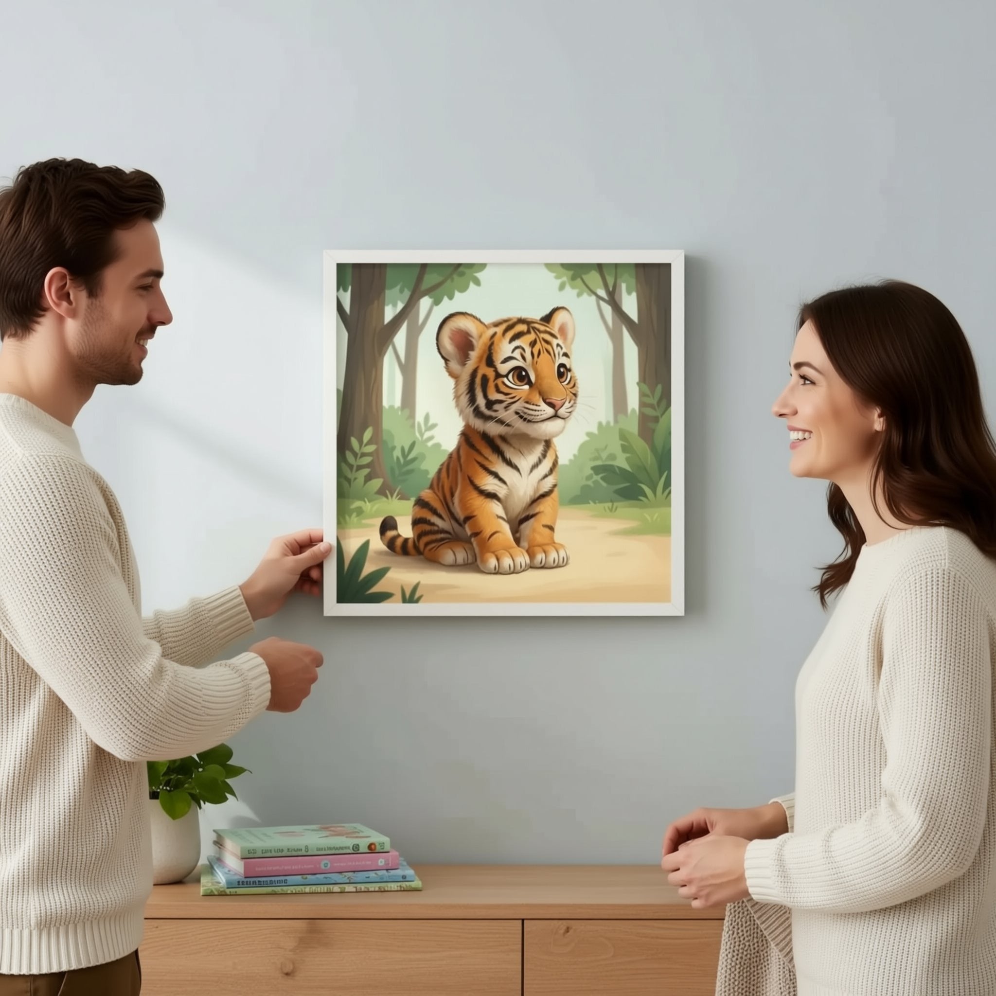 A man is hanging a framed painting of a tiger cub on a wall in a room with a wooden dresser and a potted plant.