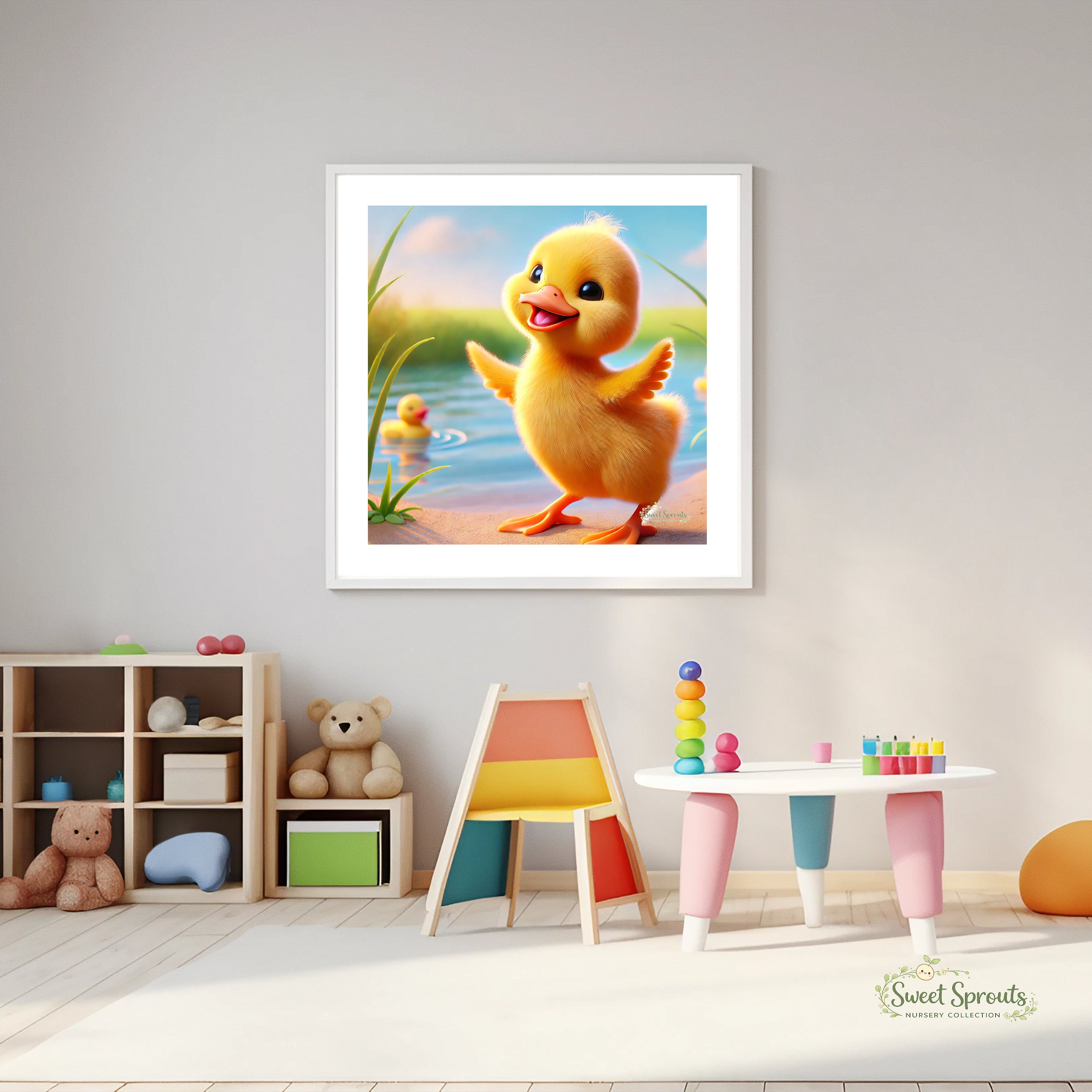 a child's room with a colorful and playful atmosphere. The room includes a white table with a stack of colorful balls, a wooden chair, and a shelf filled with various toys. A framed picture of a yellow duck is hanging on the wall above the table, adding a touch of whimsy to the space.